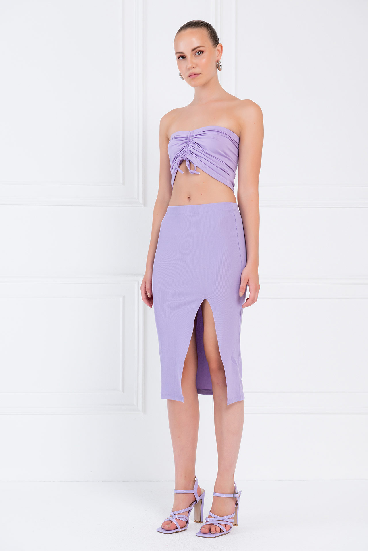 New Lilac Split-Front Bodycon Midi Skirt