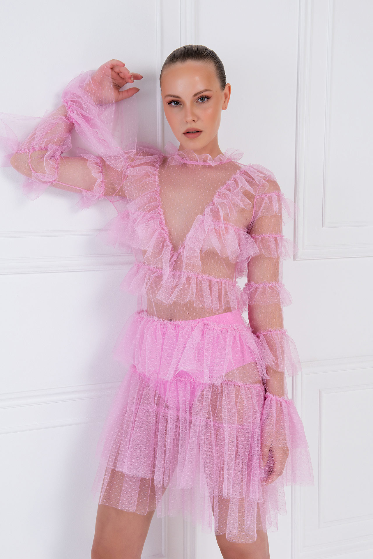 Wholesale Ruffle-Trim Sheer Pink Mesh Mini Dress