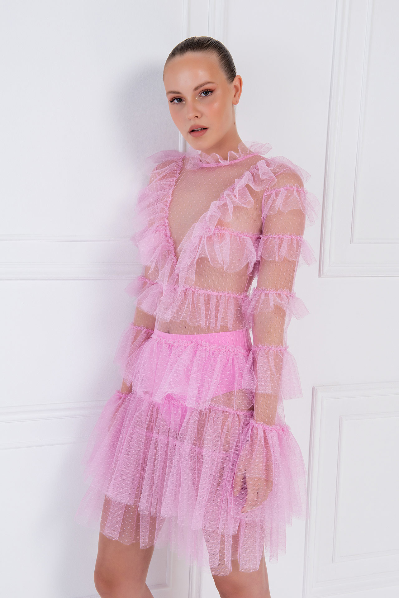 оптовая Прозрачное Платье с Рюшами Pink Фатиновое Мини-Платье