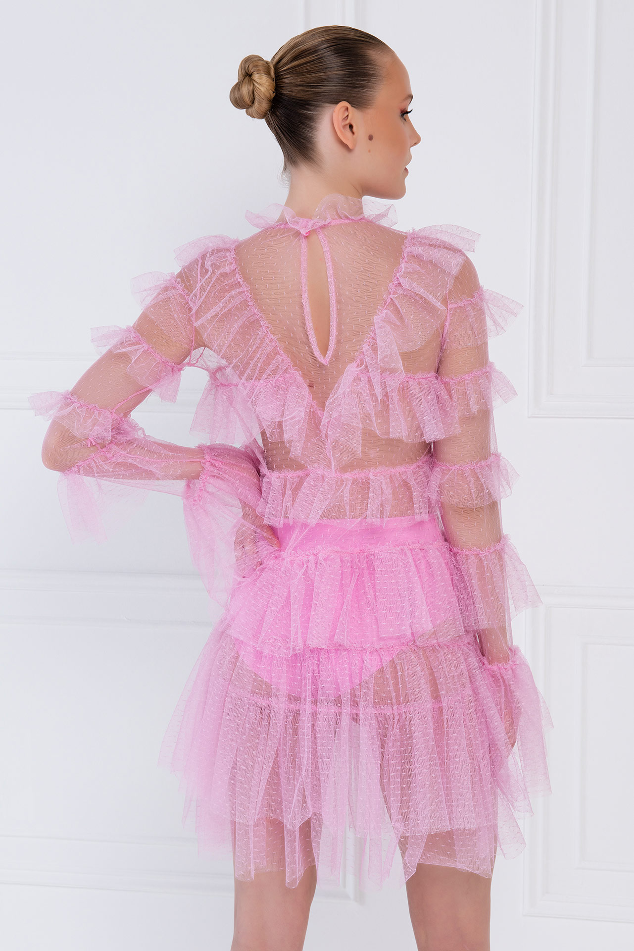 Ruffle-Trim Sheer Pink Mesh Mini Dress