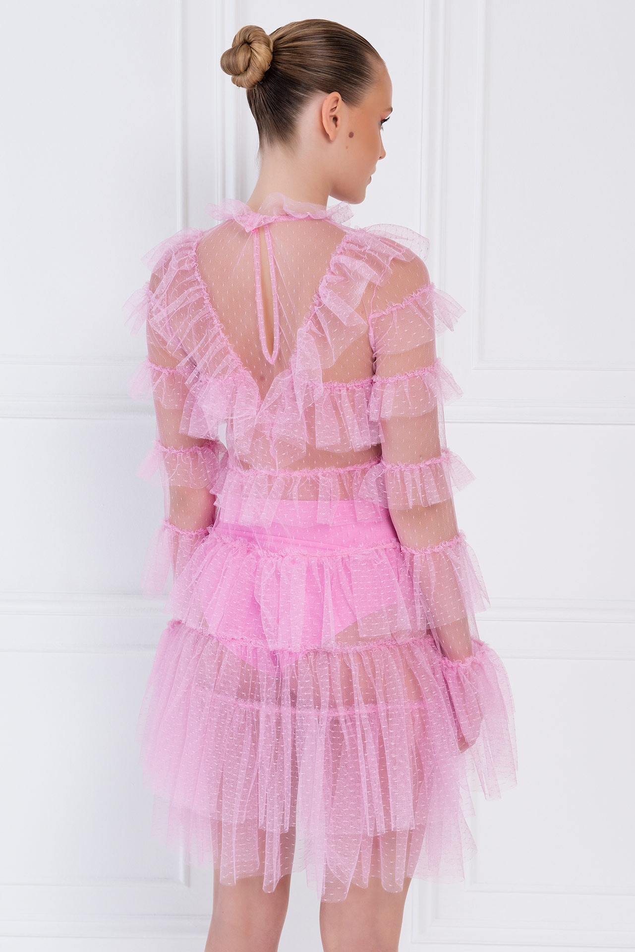 Ruffle-Trim Sheer Pink Mesh Mini Dress