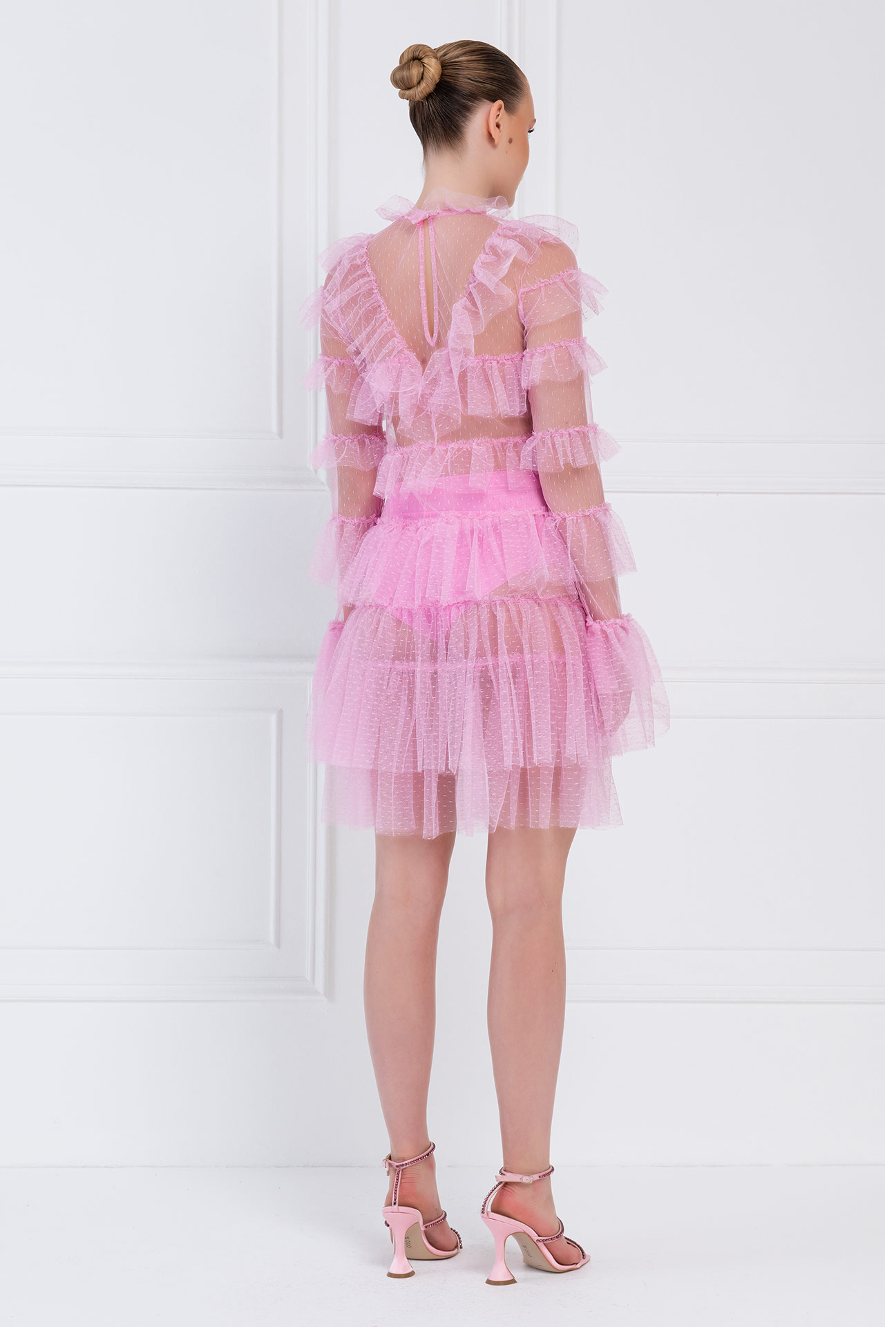 Прозрачное Платье с Рюшами Pink Фатиновое Мини-Платье