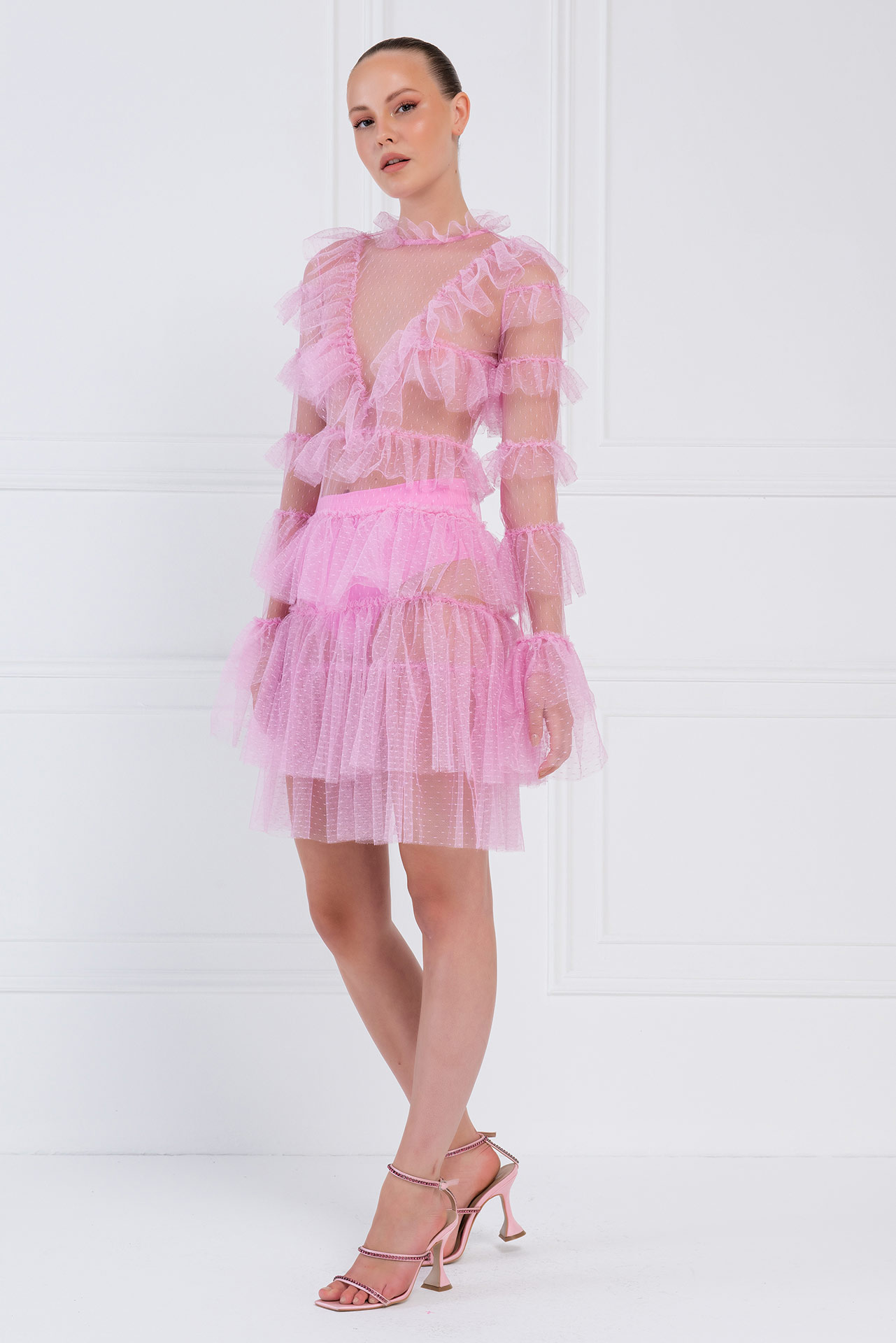 Прозрачное Платье с Рюшами Pink Фатиновое Мини-Платье