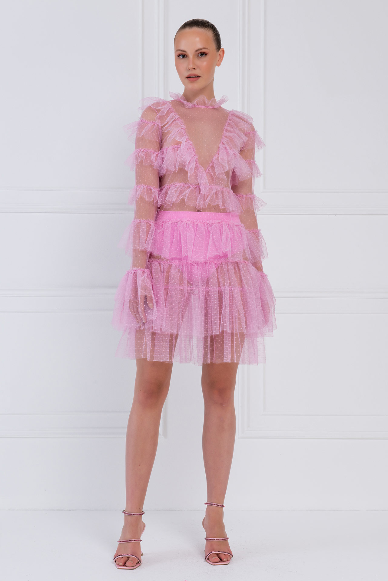 оптовая Прозрачное Платье с Рюшами Pink Фатиновое Мини-Платье