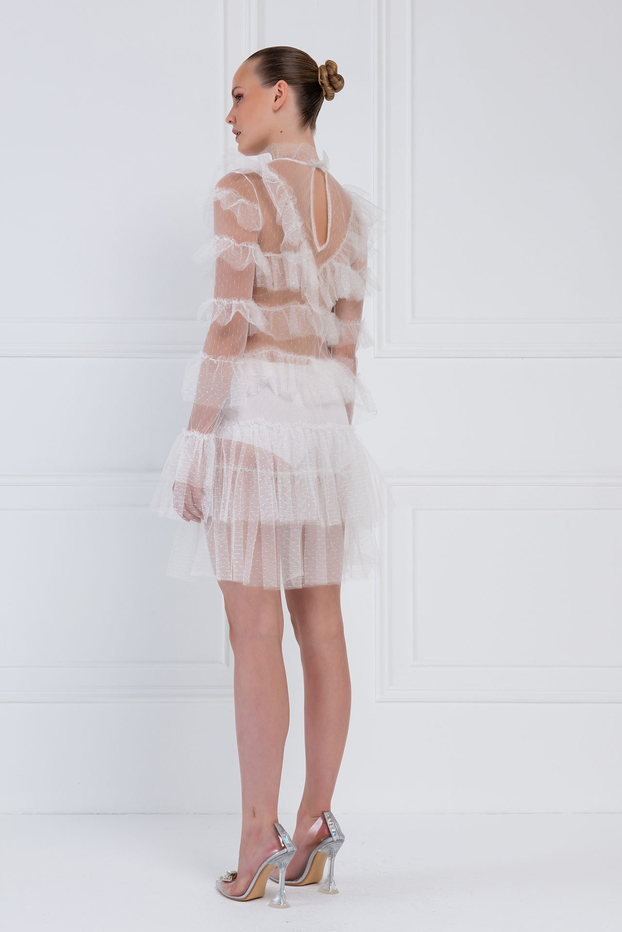Wholesale Ruffle-Trim Sheer Offwhite Mesh Mini Dress
