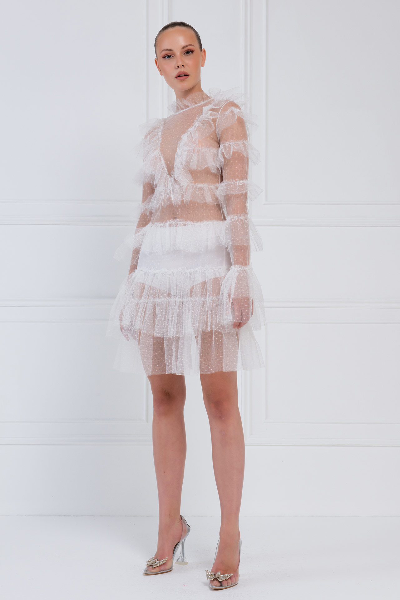 Прозрачное Платье с Рюшами Offwhite Фатиновое Мини-Платье