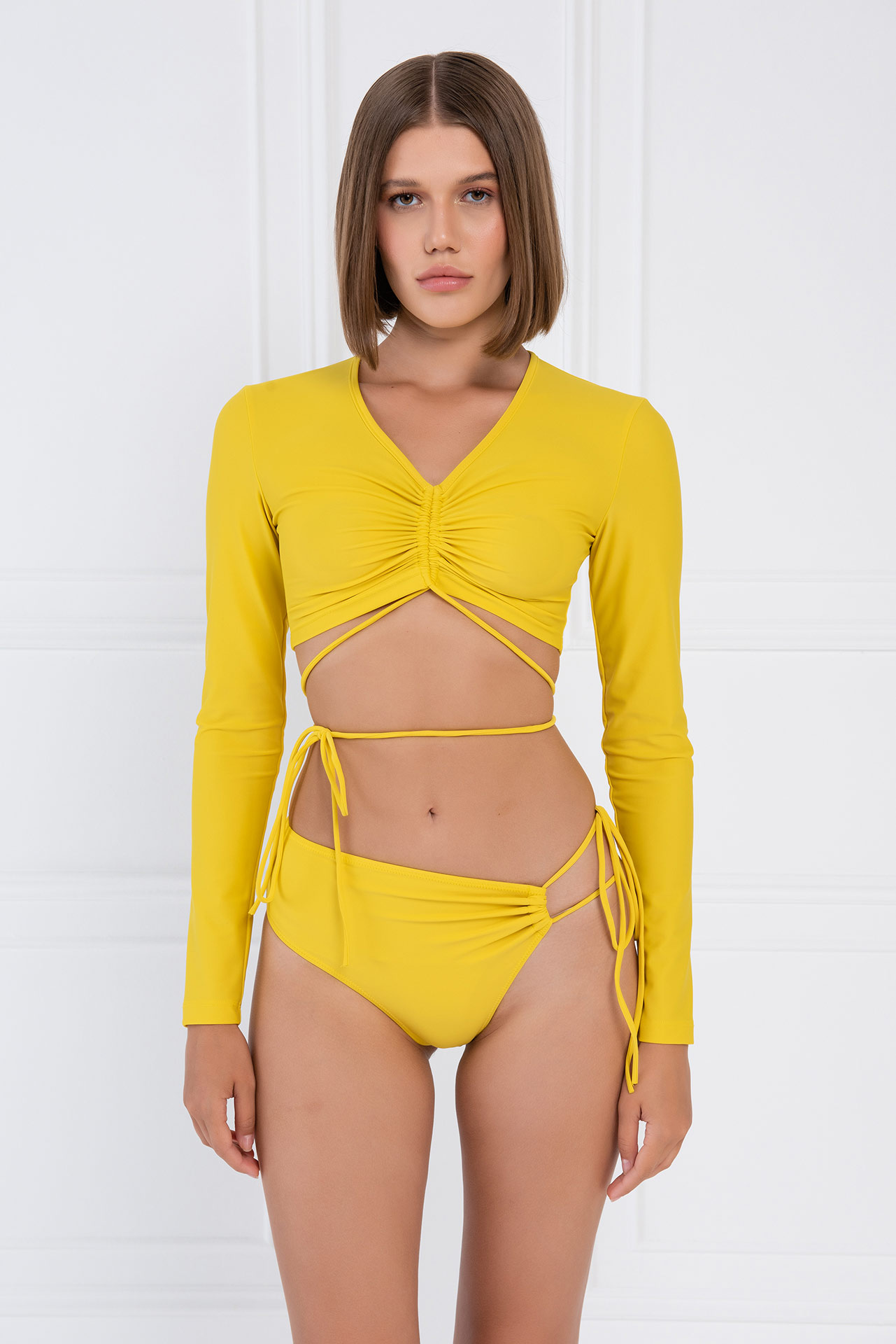 Wholesale Yellow Strappy Shirred Bikini Set