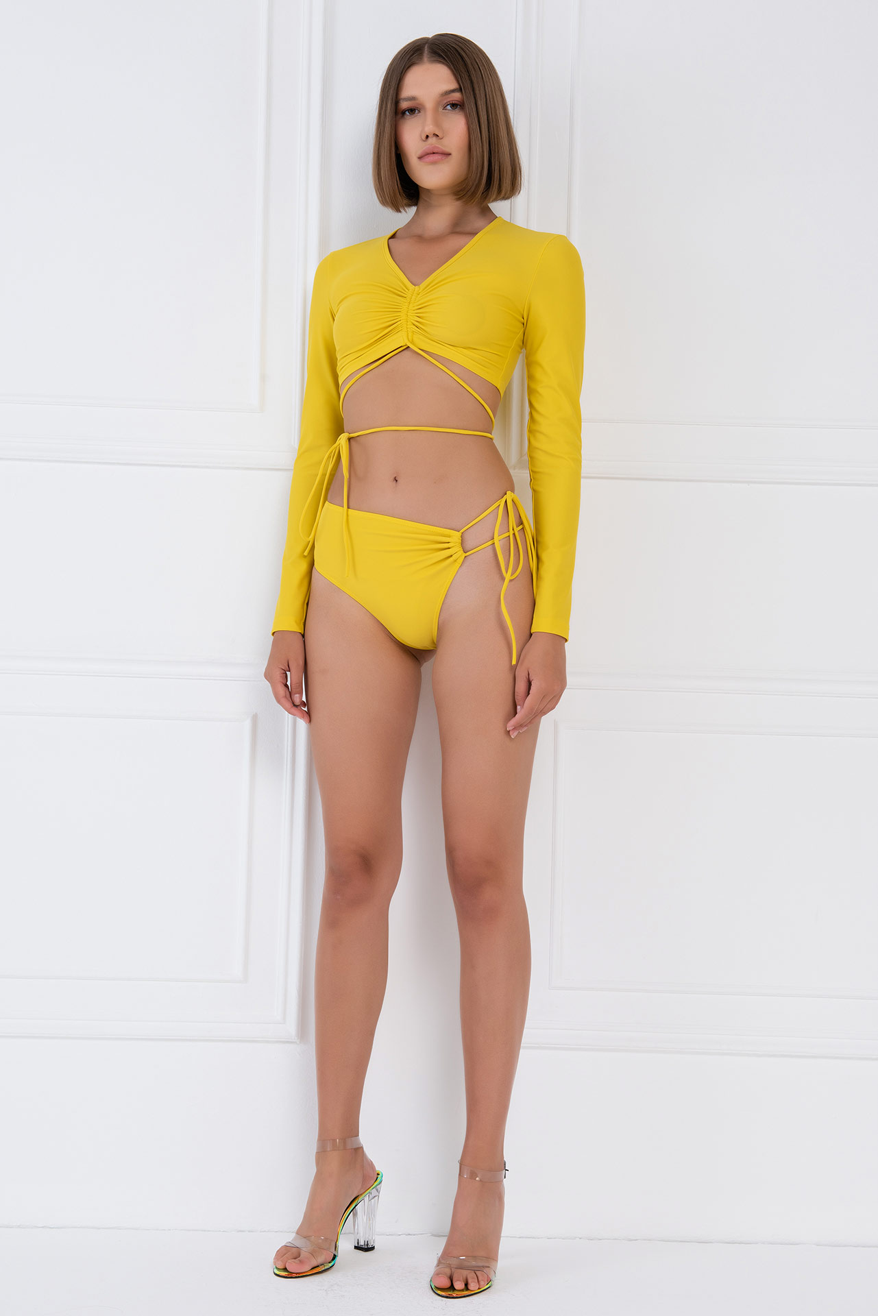 Yellow Strappy Shirred Bikini Set