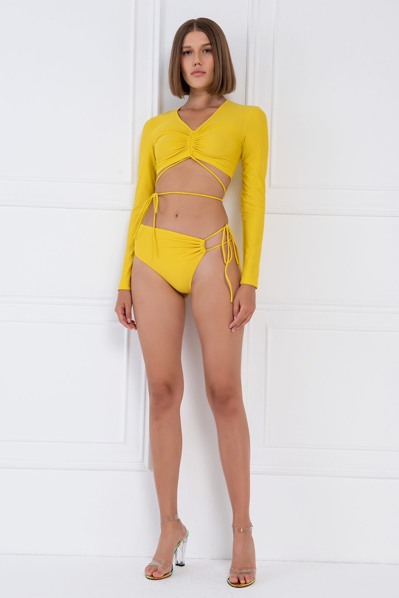 оптовая Yellow Strappy Shirred Bikini Set
