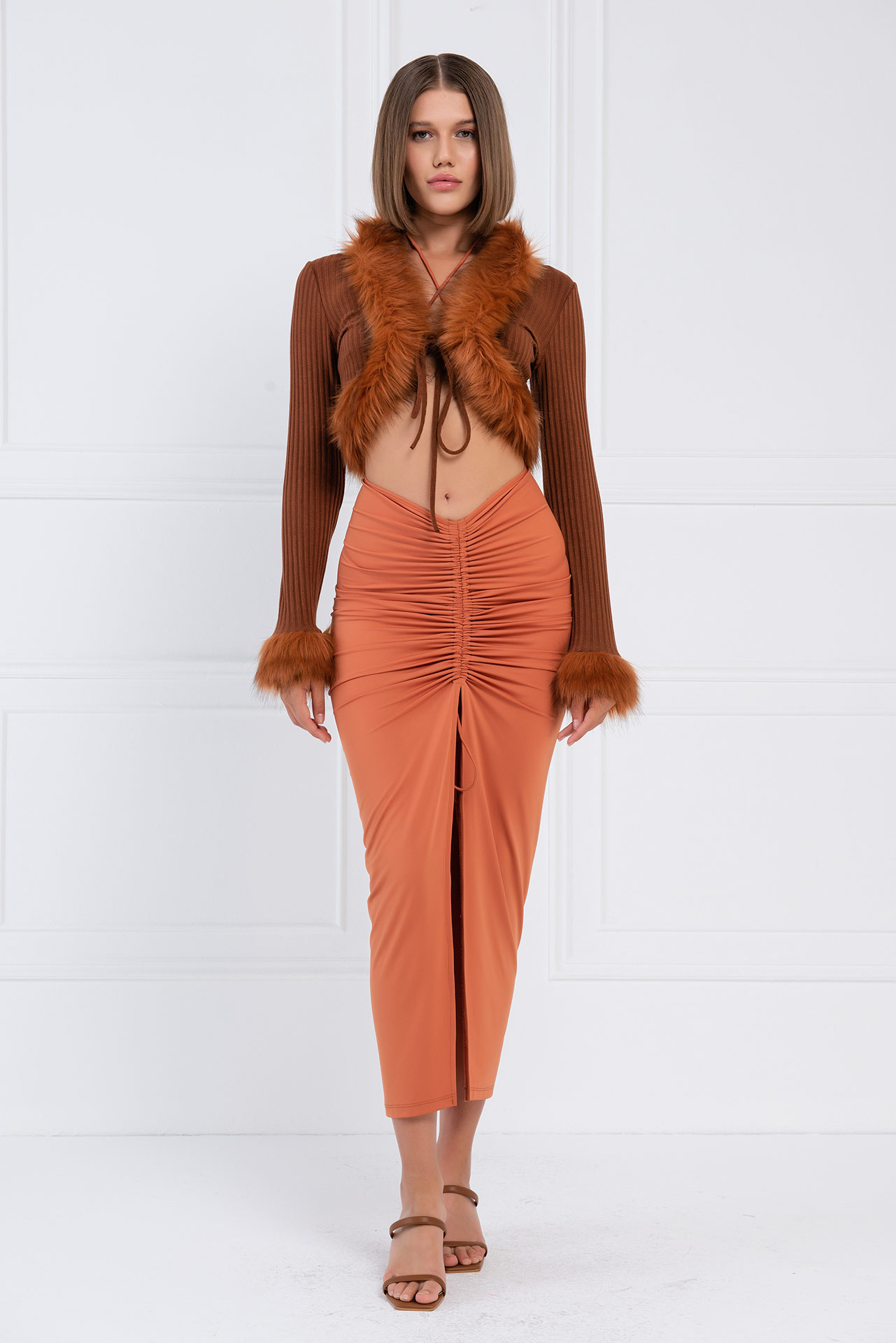 Wholesale Ochre Ruched Bandeau & Maxi Skirt Set