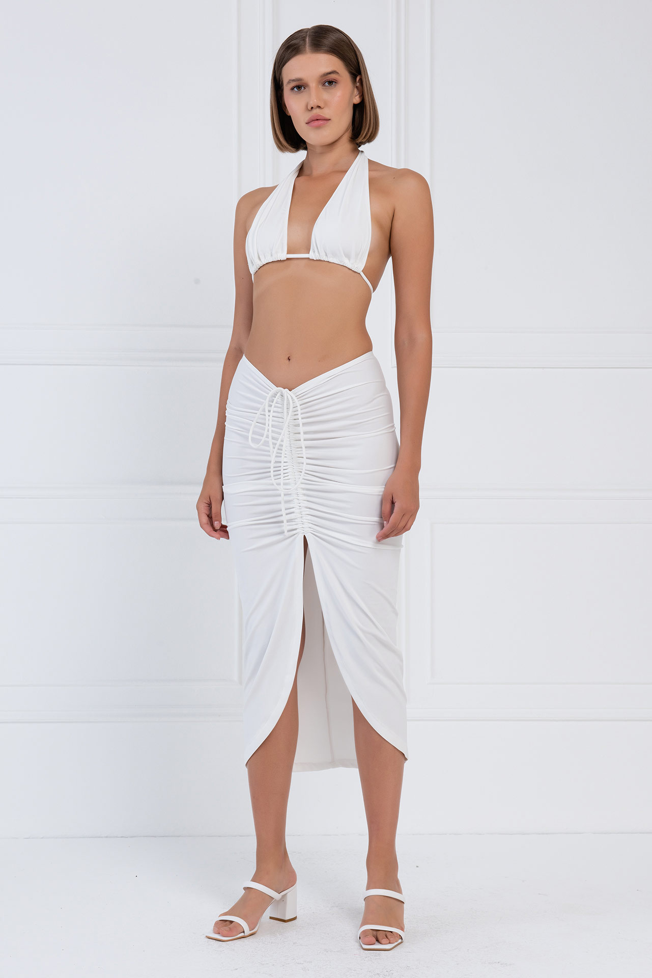 Offwhite Split-Front Ruched Skirt