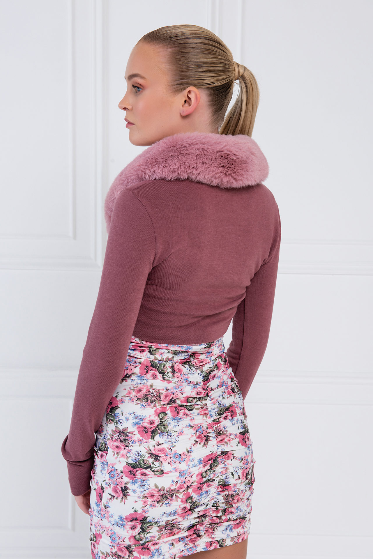 Light Rose Faux Fur Trim Cropped Cardigan