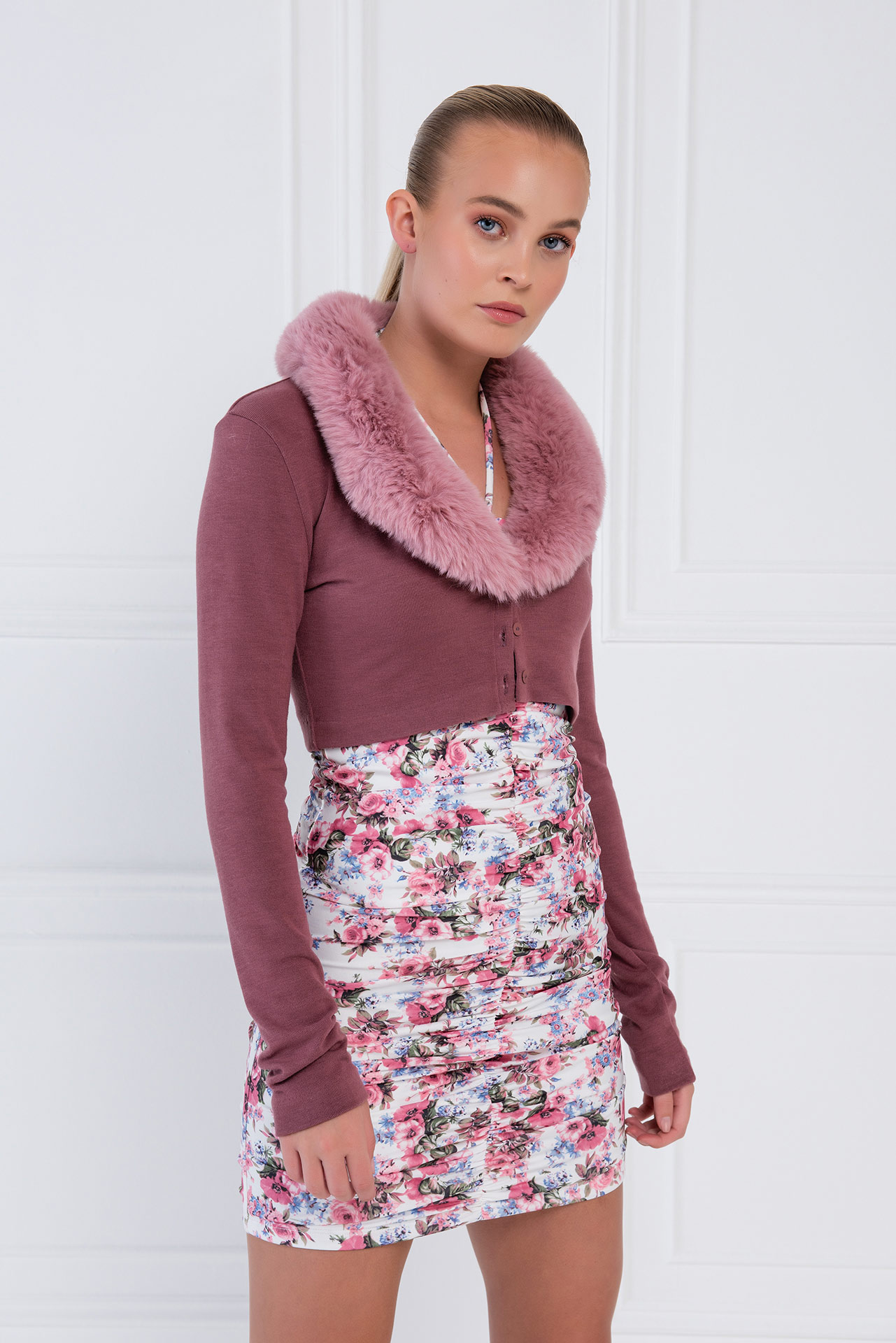 Light Rose Faux Fur Trim Cropped Cardigan