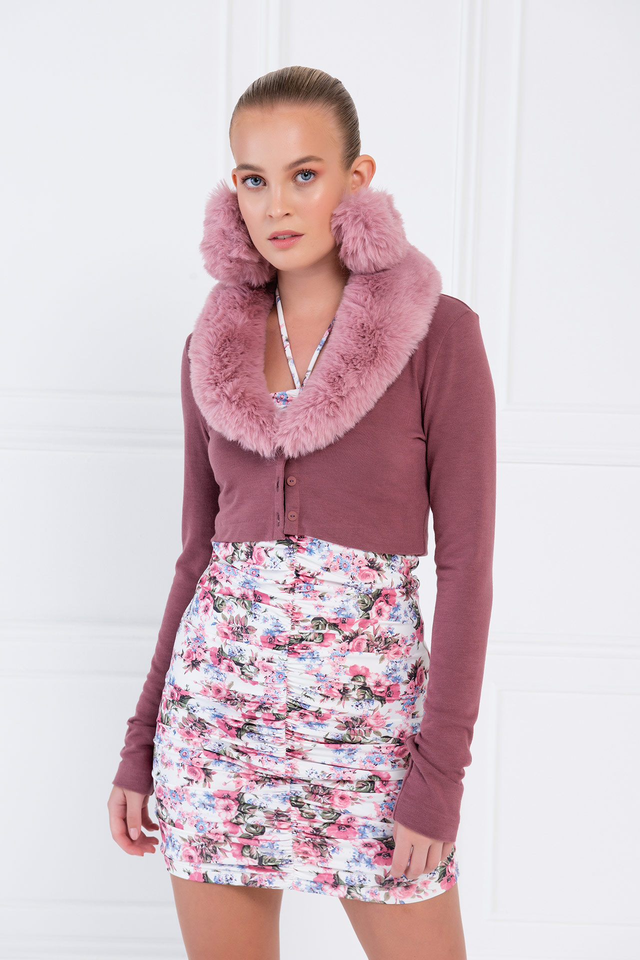 Light Rose Faux Fur Trim Cropped Cardigan