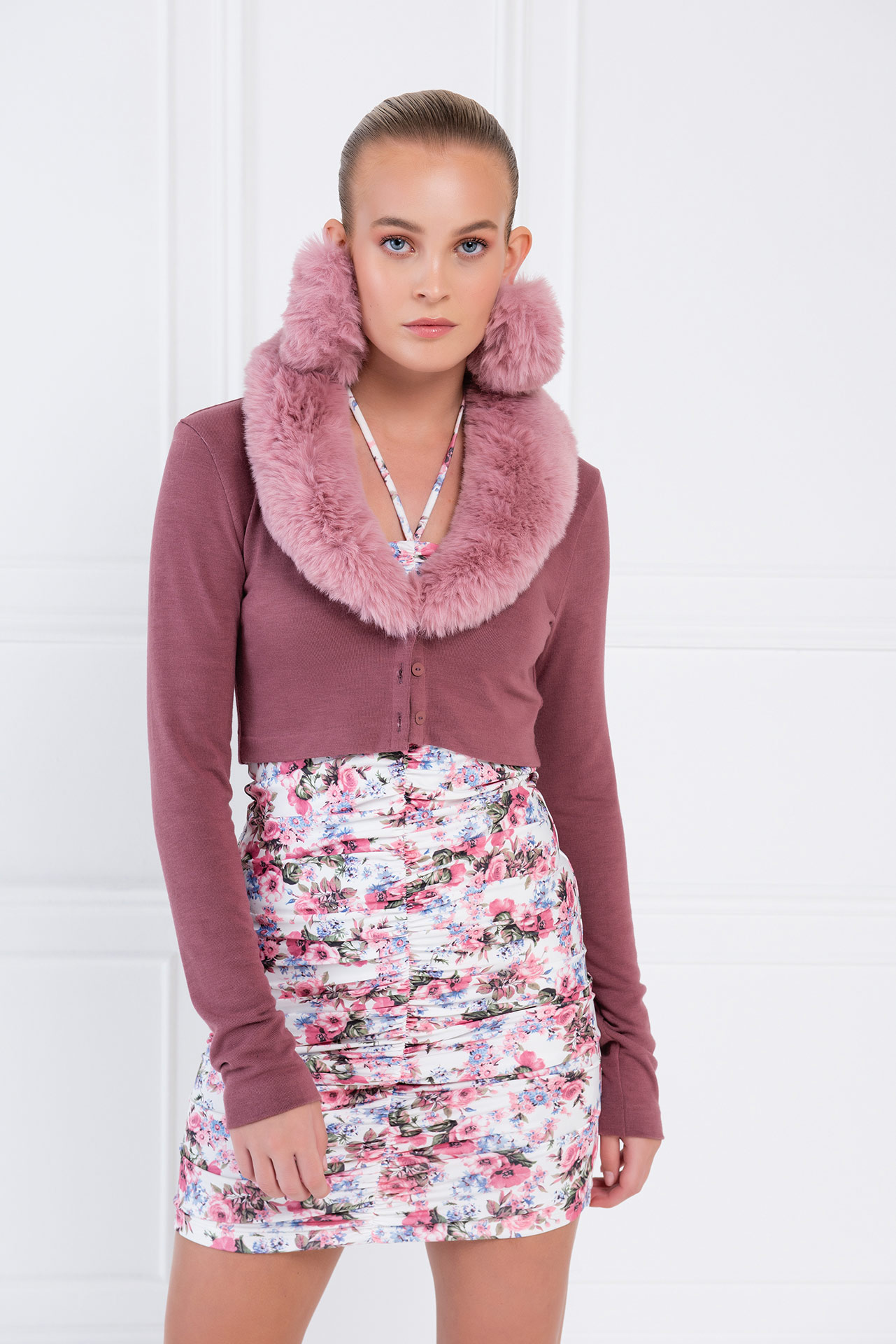 Light Rose Faux Fur Trim Cropped Cardigan