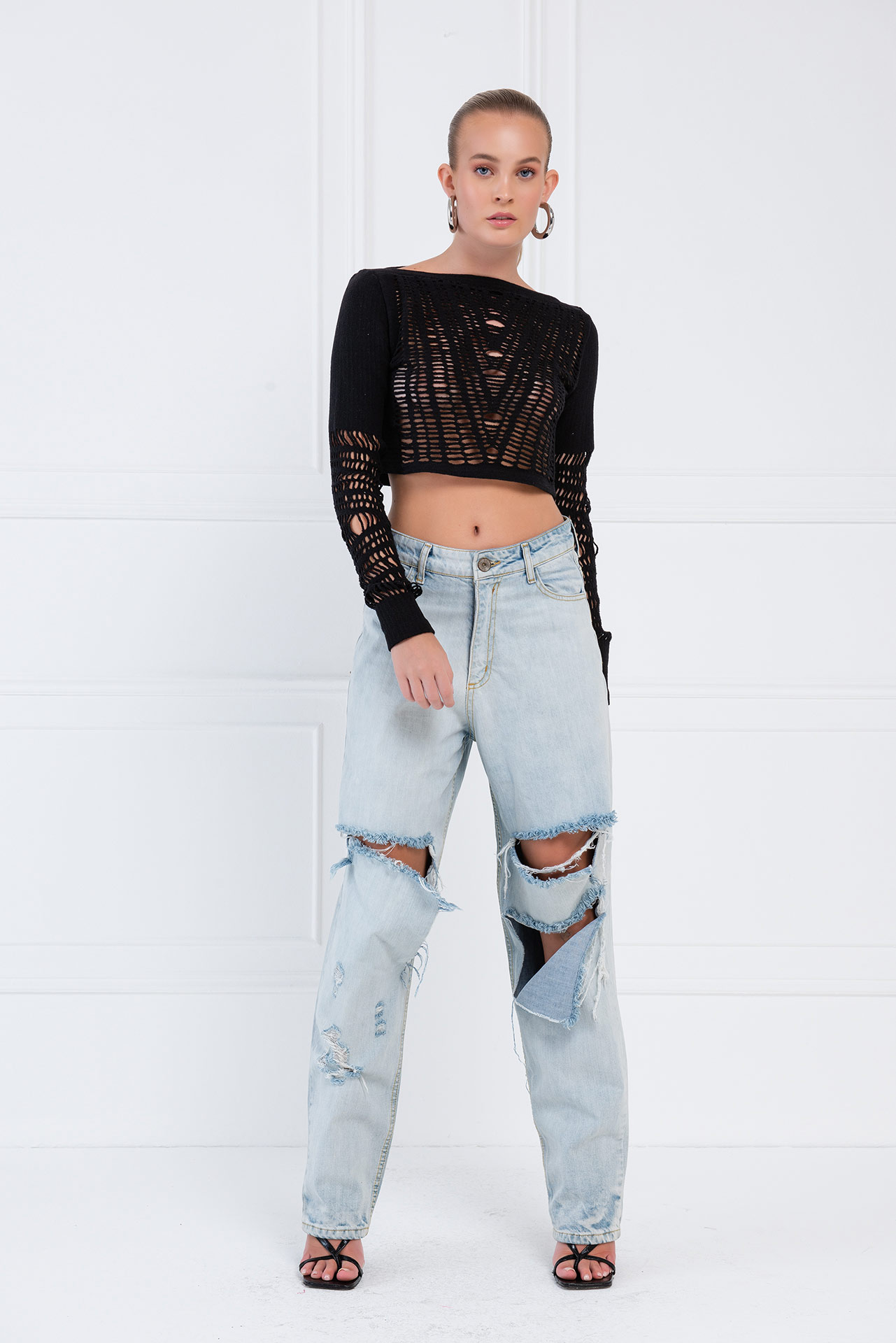 Boat Neck Black Crop Top Fishnet Blouse