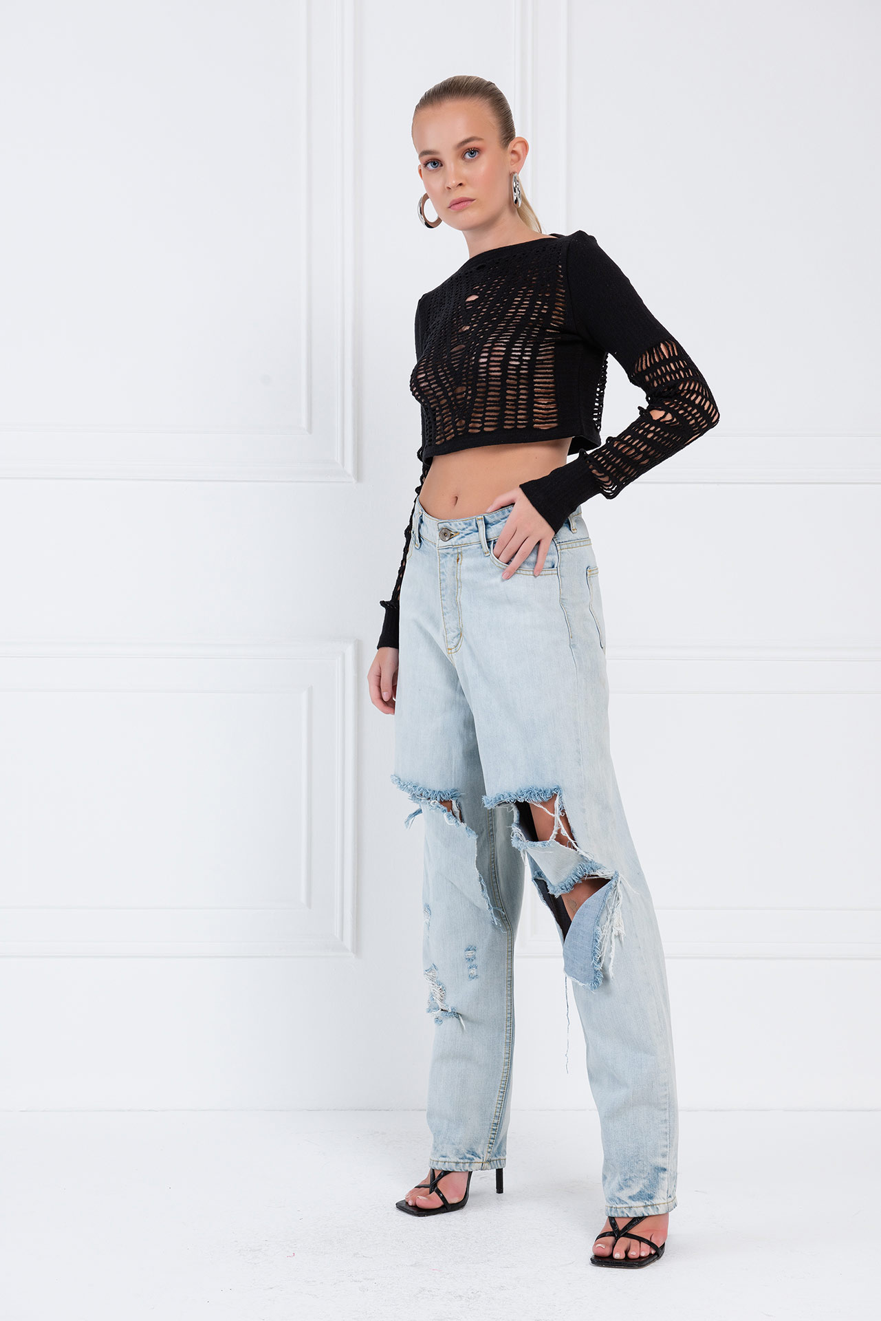 Boat Neck Black Crop Top Fishnet Blouse