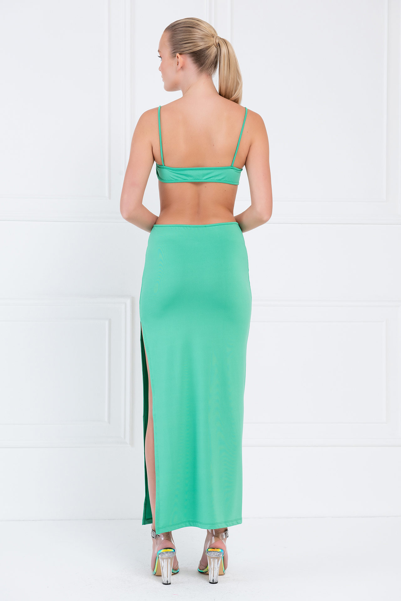 Yeni Yeşil Bel Dekolteli Maxi Elbise