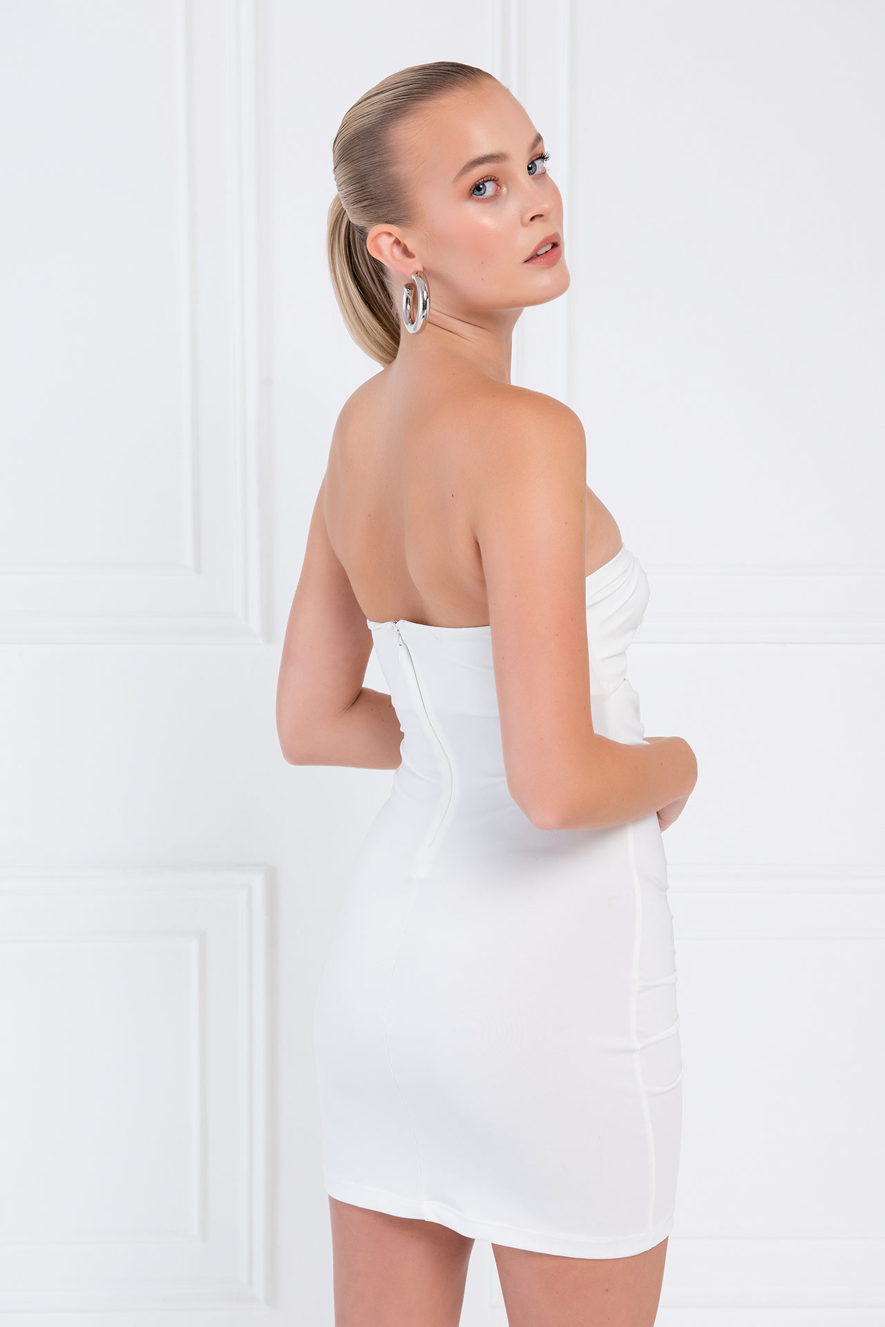 Off white Straplez Büzgülü Mini Elbise