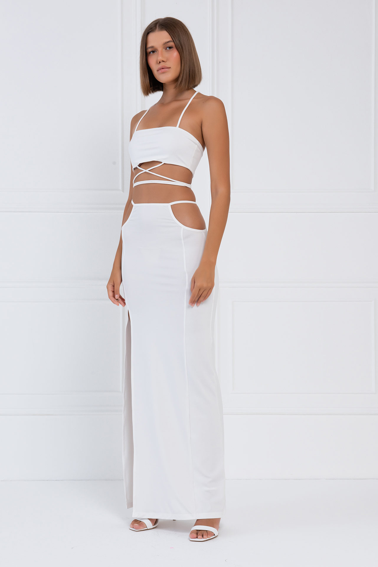 Offwhite Strap-Design Crop Cami & Skirt Set