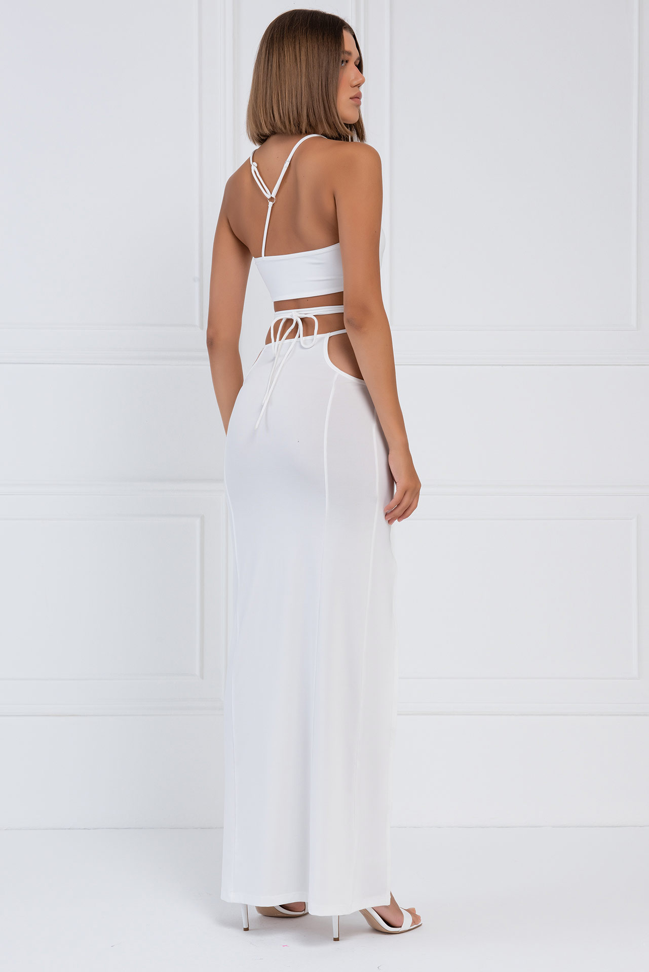 Wholesale Offwhite Strap-Design Crop Cami & Skirt Set