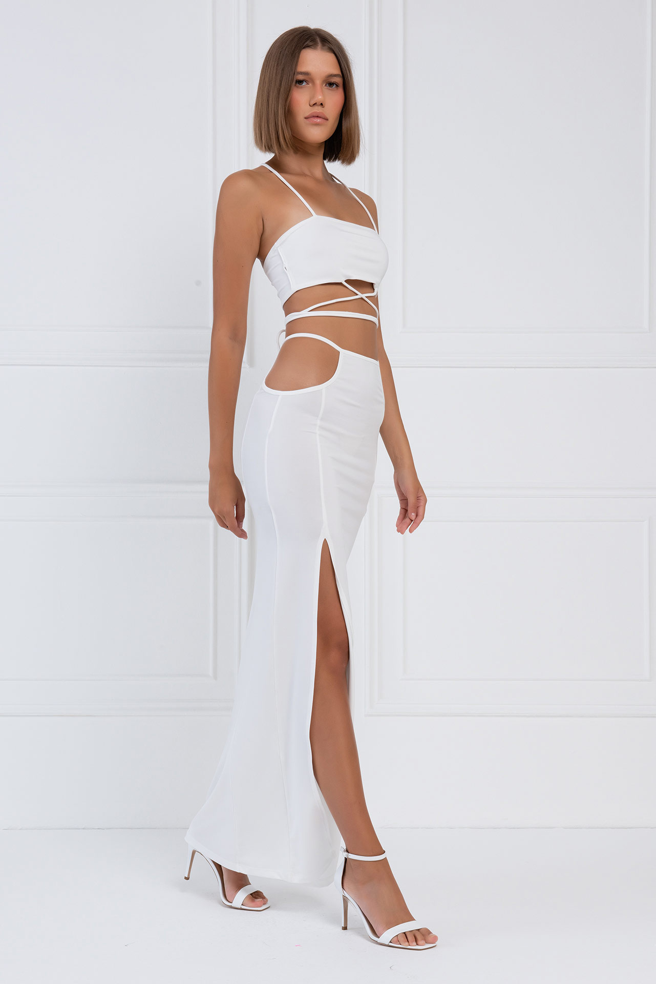 Wholesale Offwhite Strap-Design Crop Cami & Skirt Set