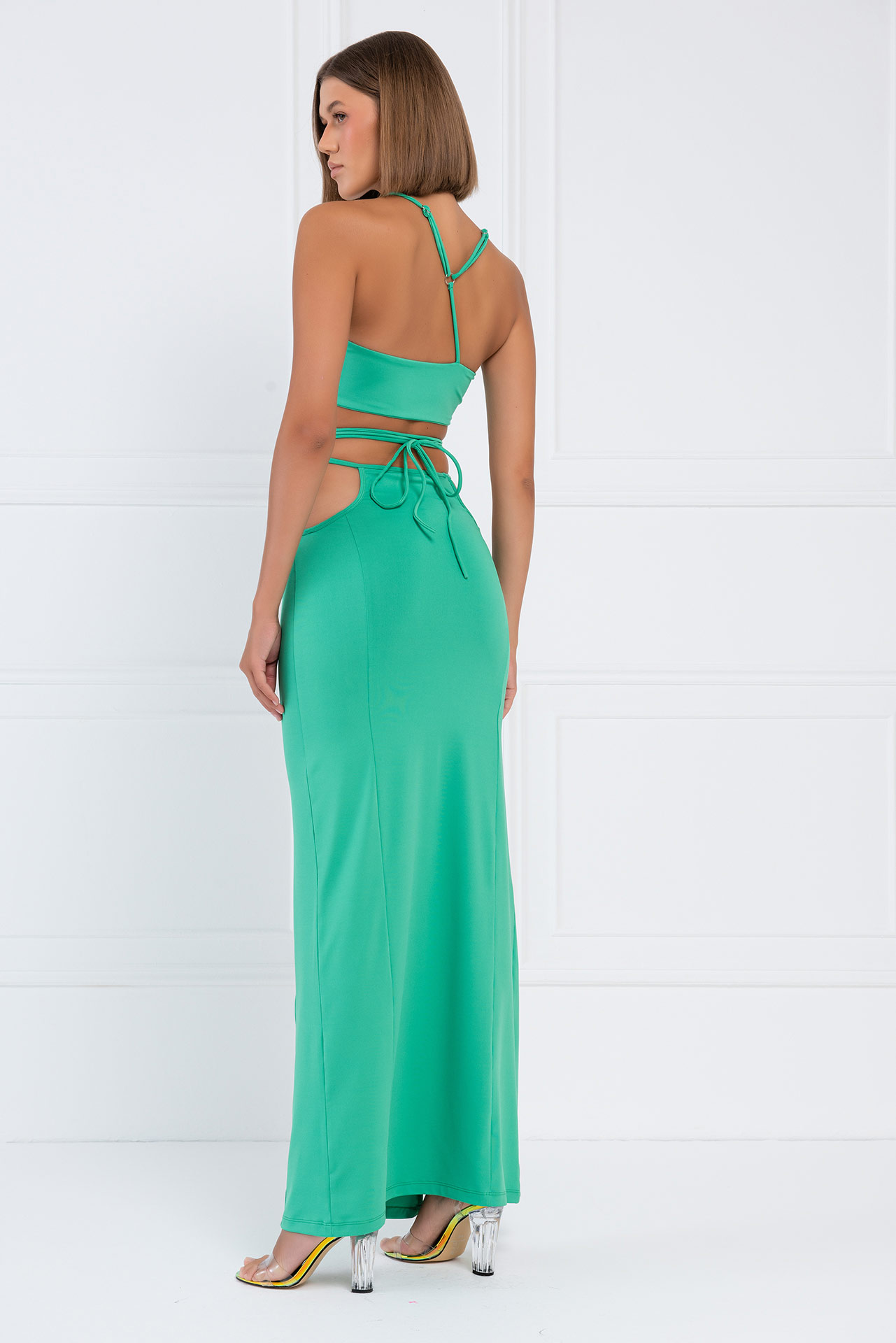 Wholesale New Green Strap-Design Crop Cami & Skirt Set