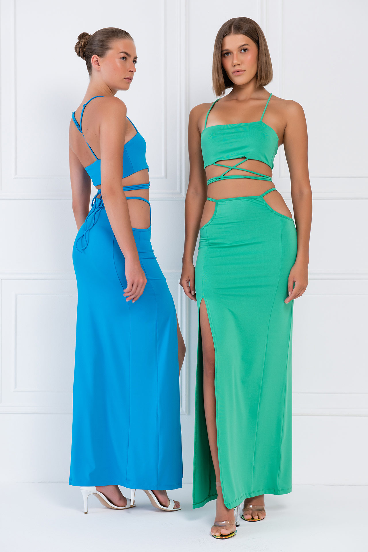 Wholesale New Green Strap-Design Crop Cami & Skirt Set