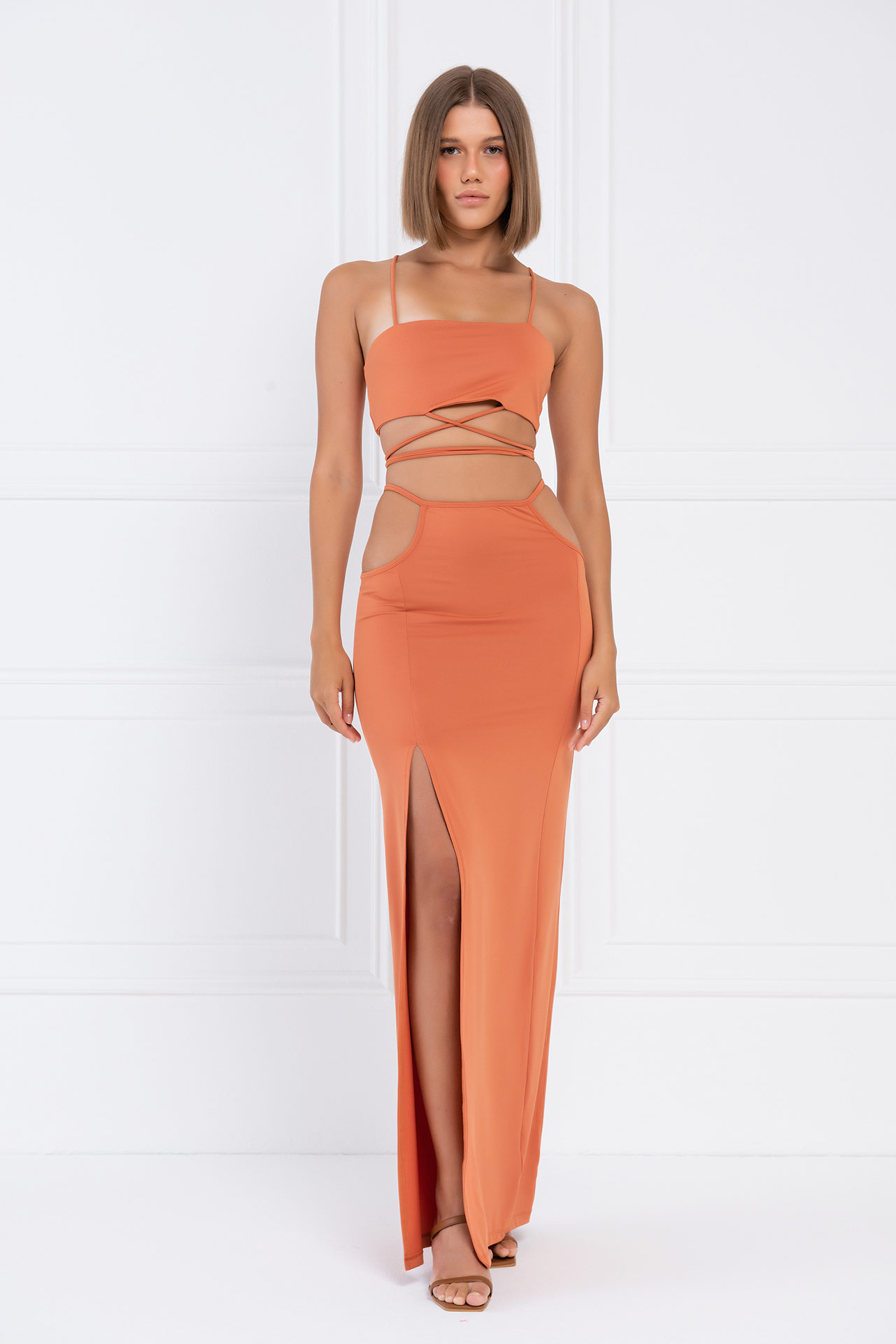 Wholesale Ochre Strap-Design Crop Cami & Skirt Set