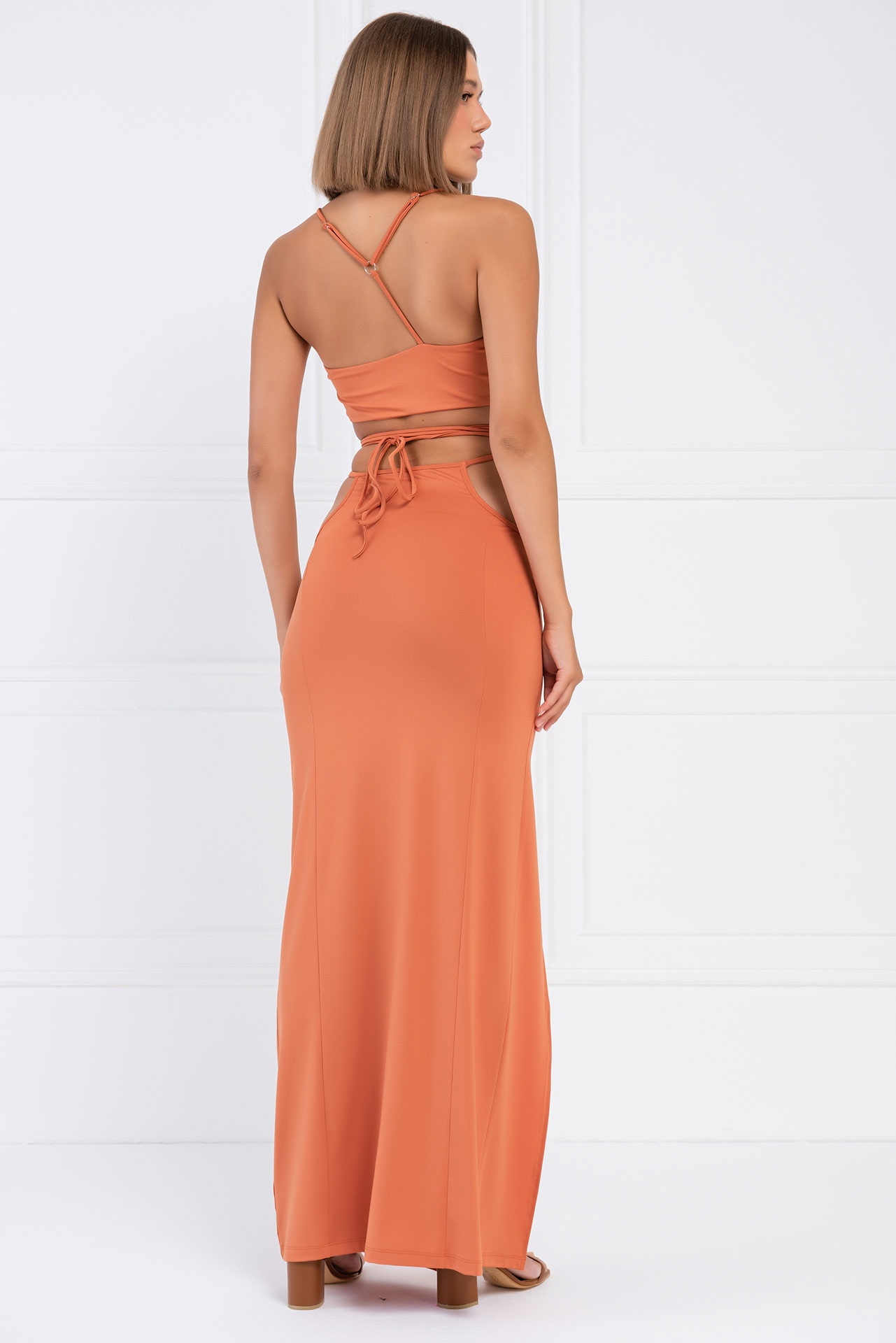 Wholesale Ochre Strap-Design Crop Cami & Skirt Set