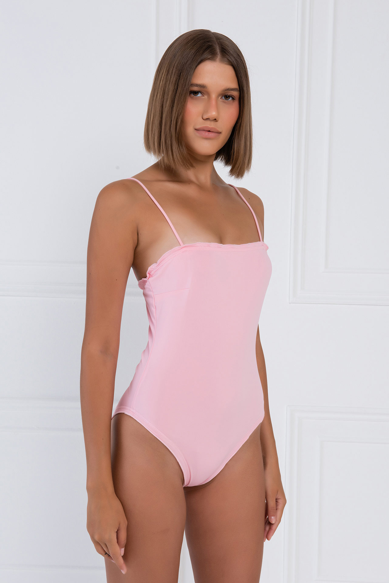 Wholesale Pink Lettuce-Trim Cami Swimsuit