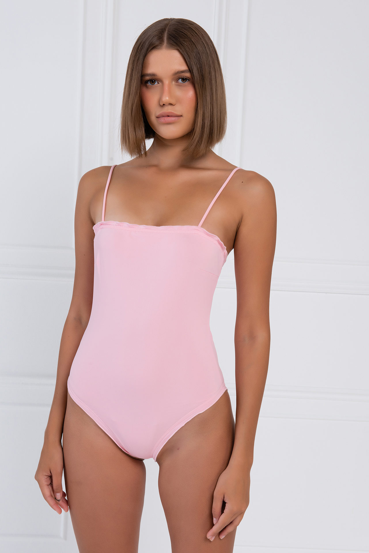 Wholesale Pink Lettuce-Trim Cami Swimsuit