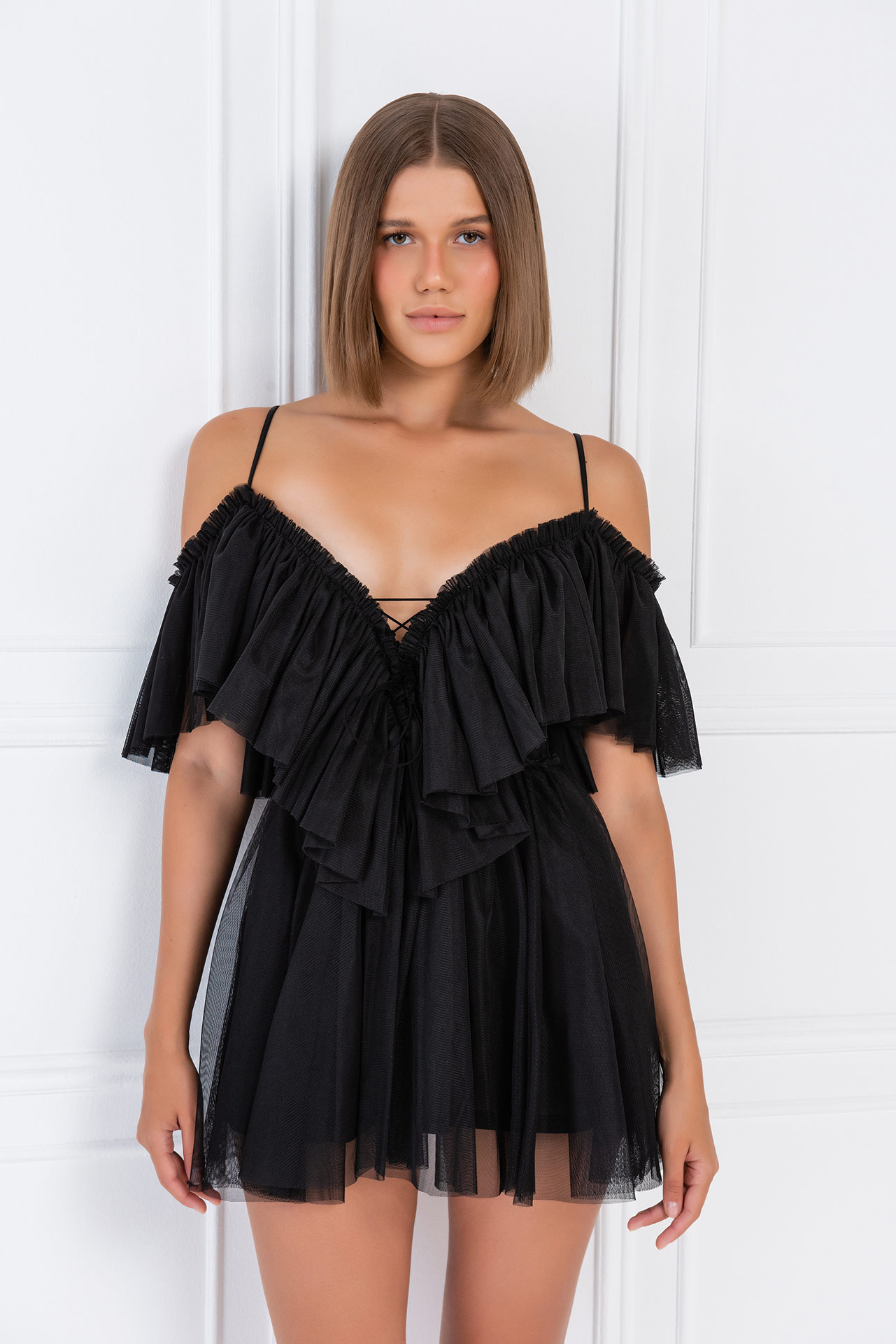 черный Off-the-Shoulder Cami Tulle Dress
