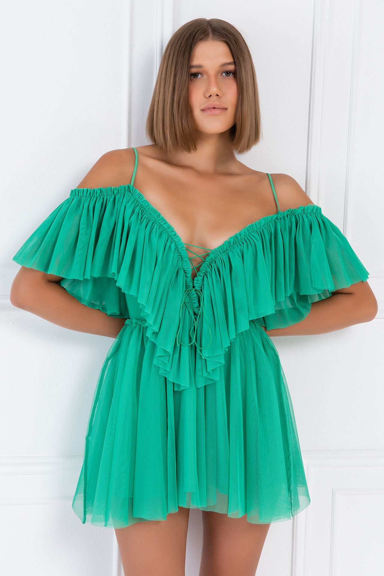 New Green Off-the-Shoulder Cami Tulle Dress