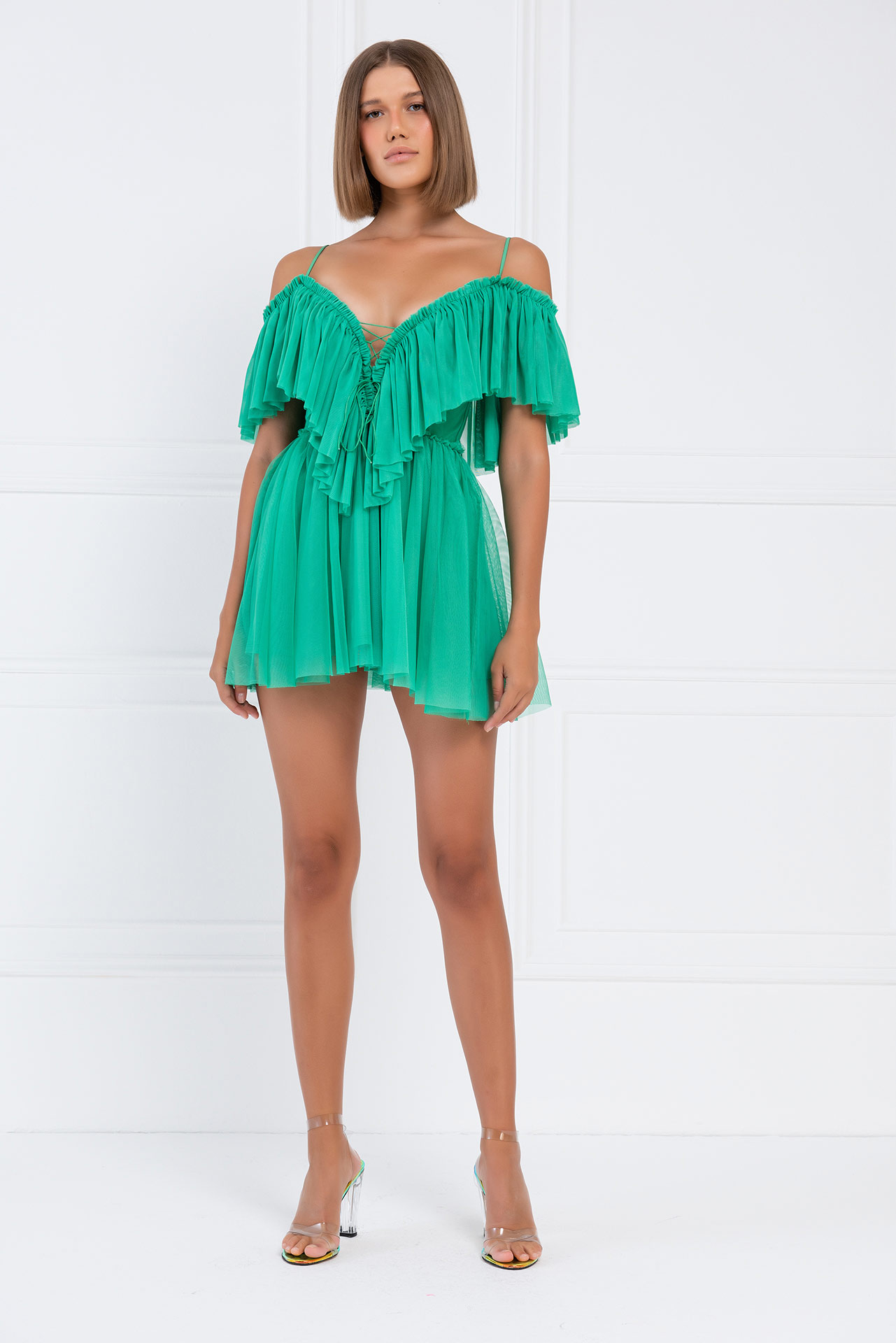 New Green Off-the-Shoulder Cami Tulle Dress