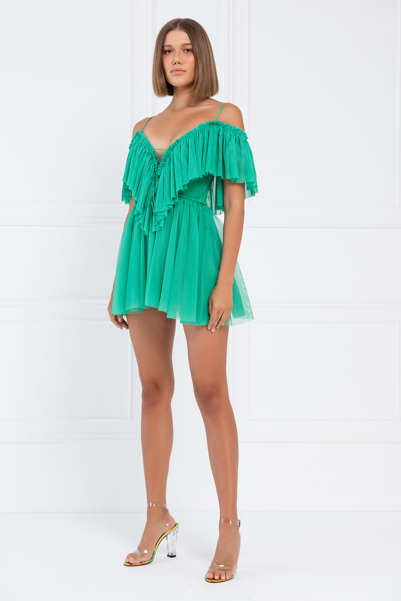 Wholesale New Green Off-the-Shoulder Cami Tulle Dress