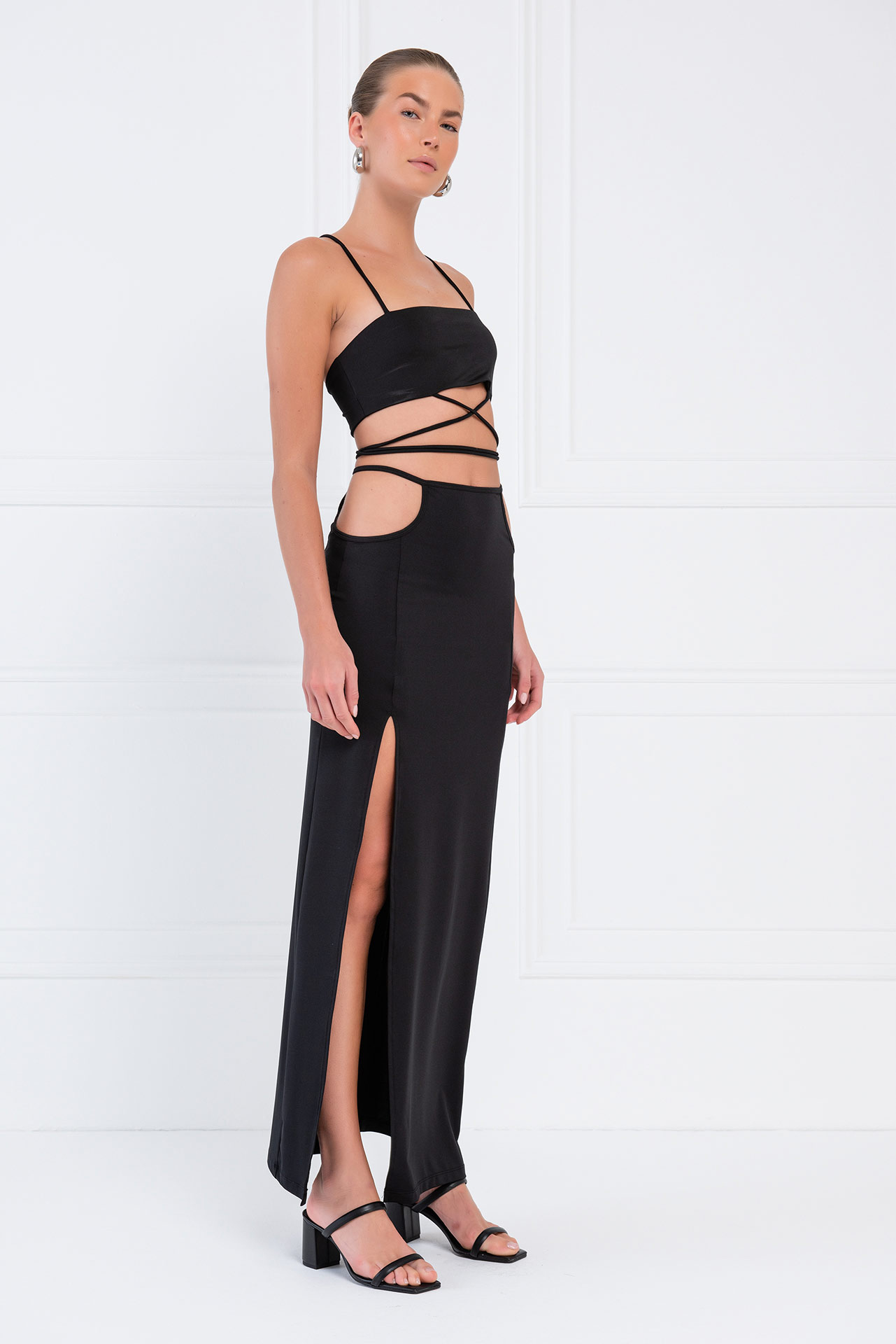 Wholesale Black Strap-Design Crop Cami & Skirt Set