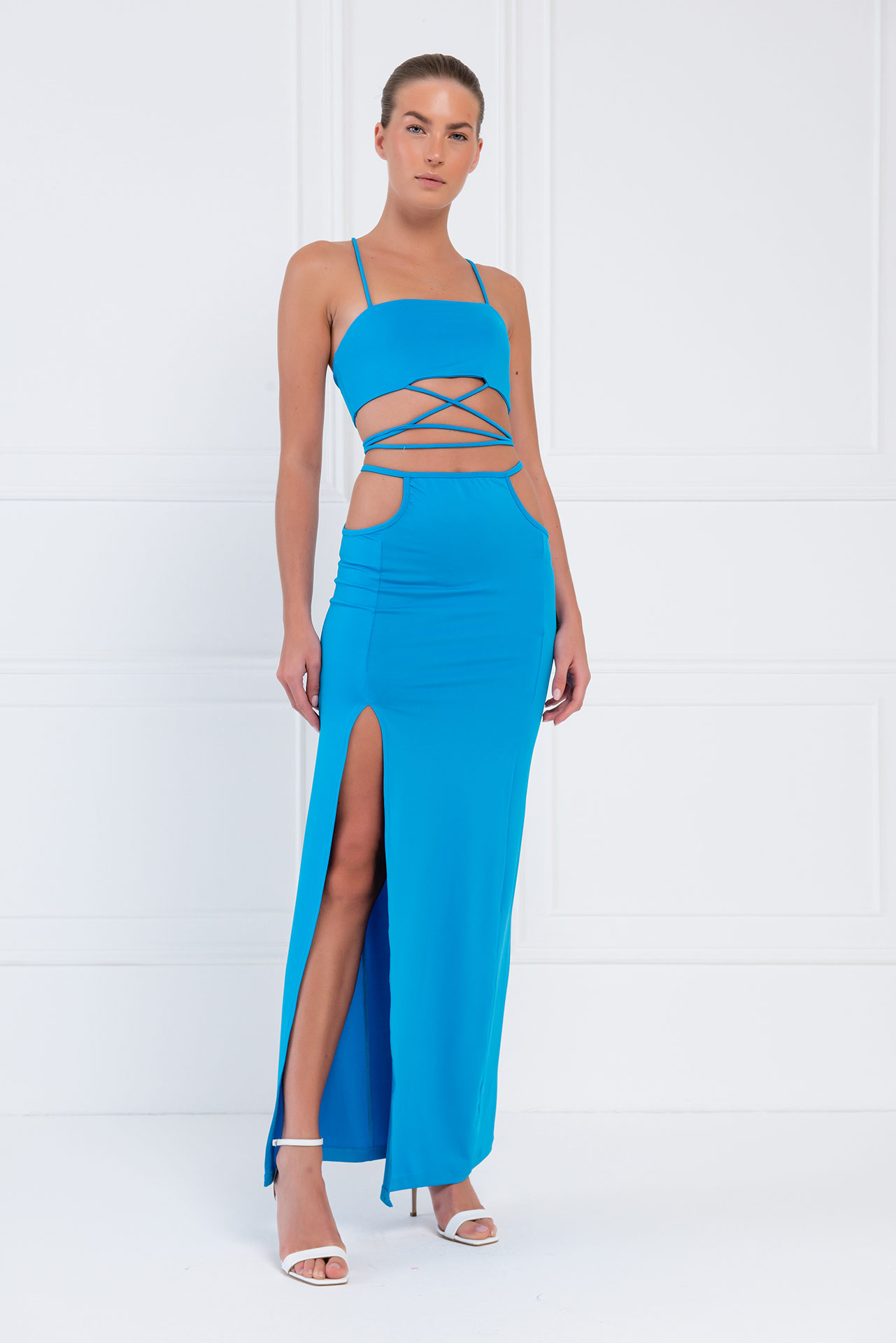 Wholesale Aqua Strap-Design Crop Cami & Skirt Set