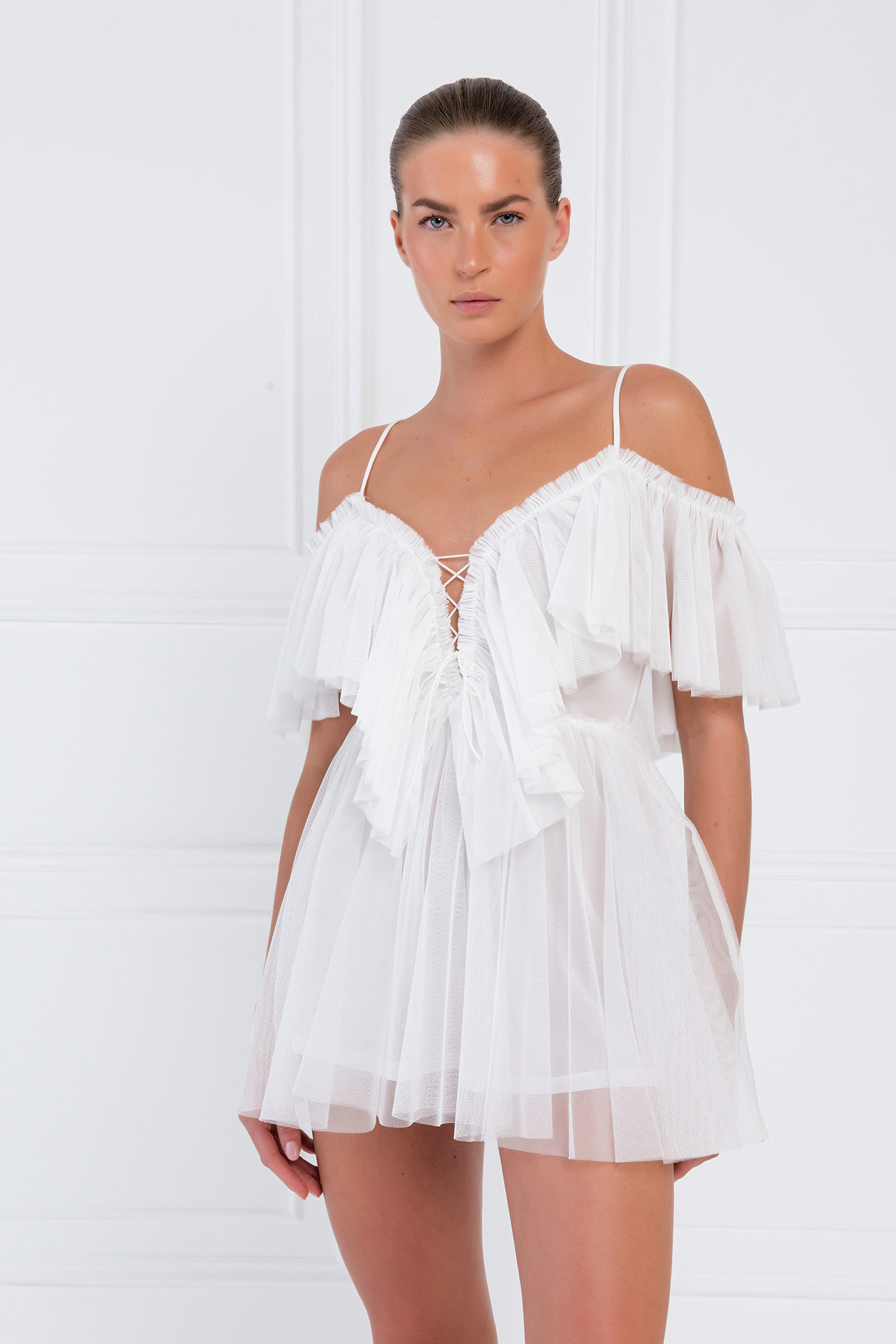 Offwhite Off-the-Shoulder Cami Tulle Dress
