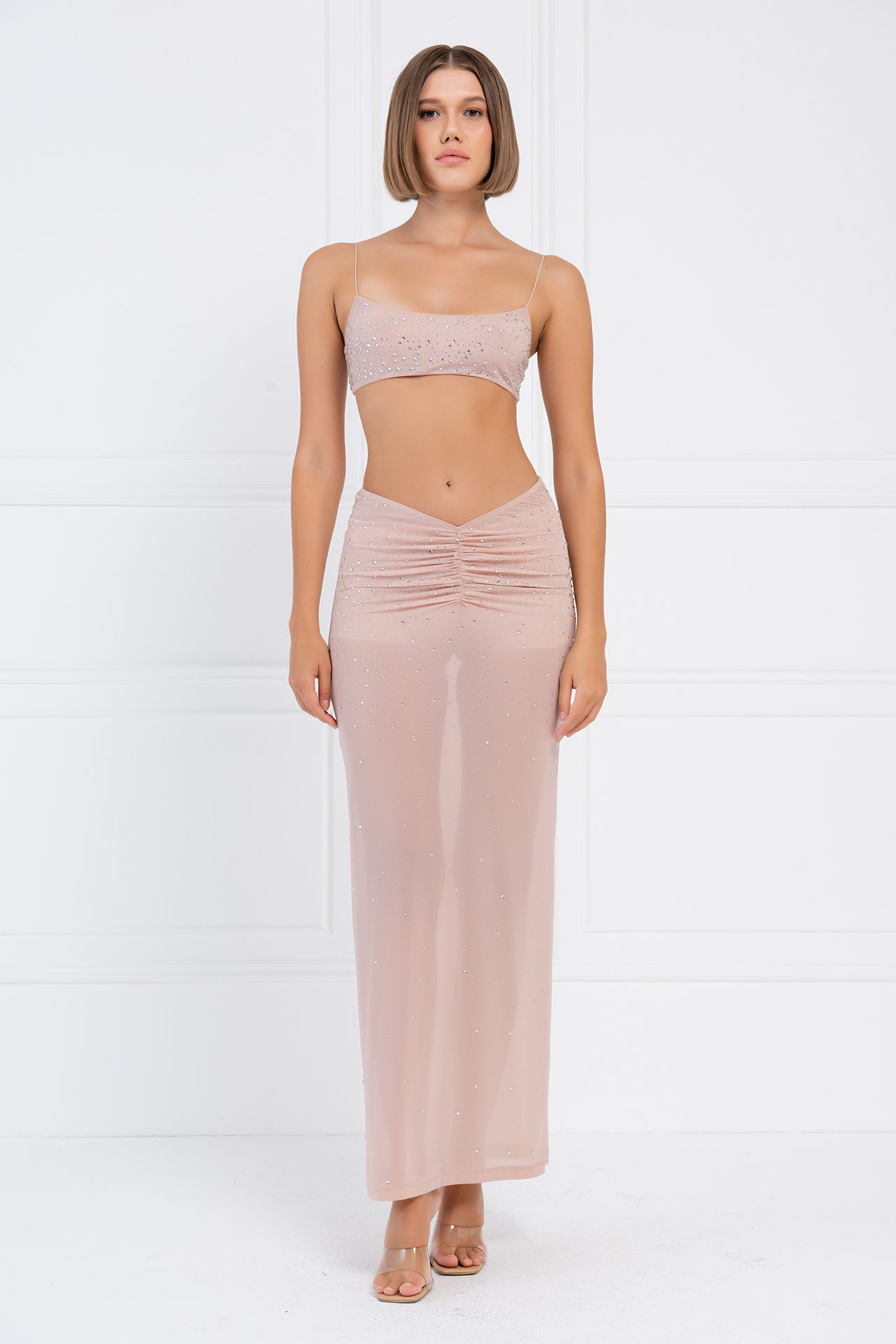 Wholesale Nude Embellished Crop Mesh Cami & Maxi Skirt Set