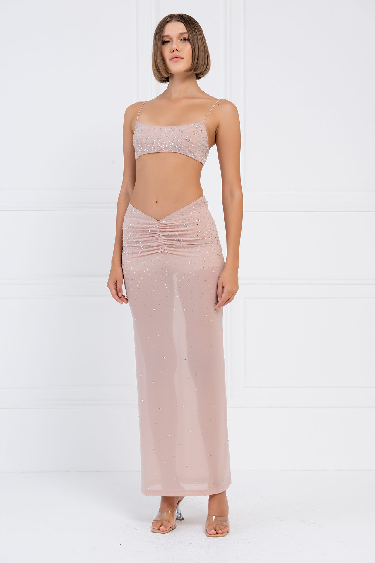 оптовая Nude Embellished Crop Mesh Cami & Maxi Skirt Set
