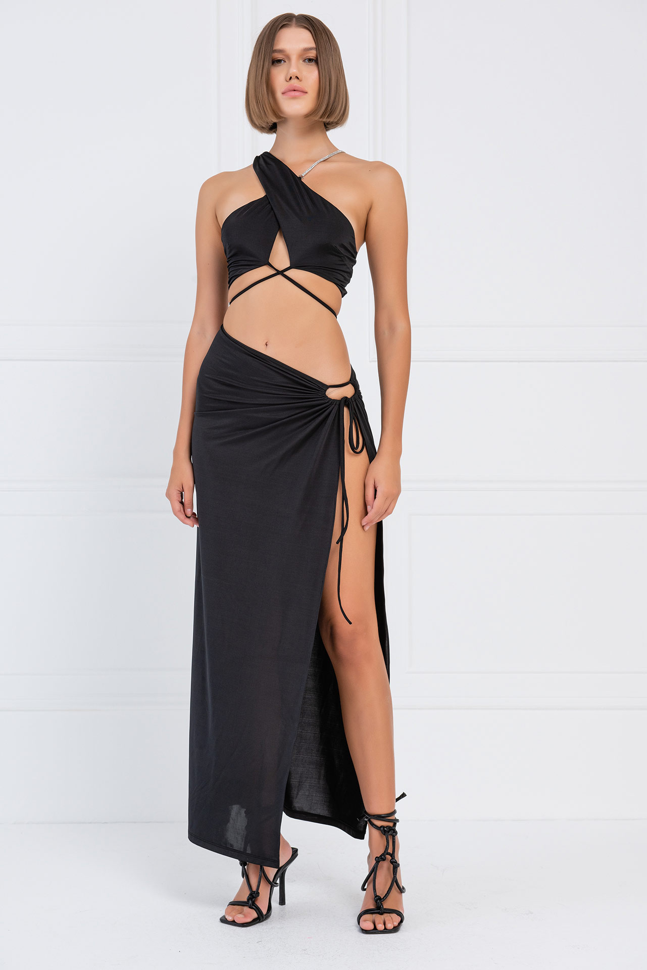 Wholesale Black Strappy Cropped Cami & Split-Leg Skirt Set