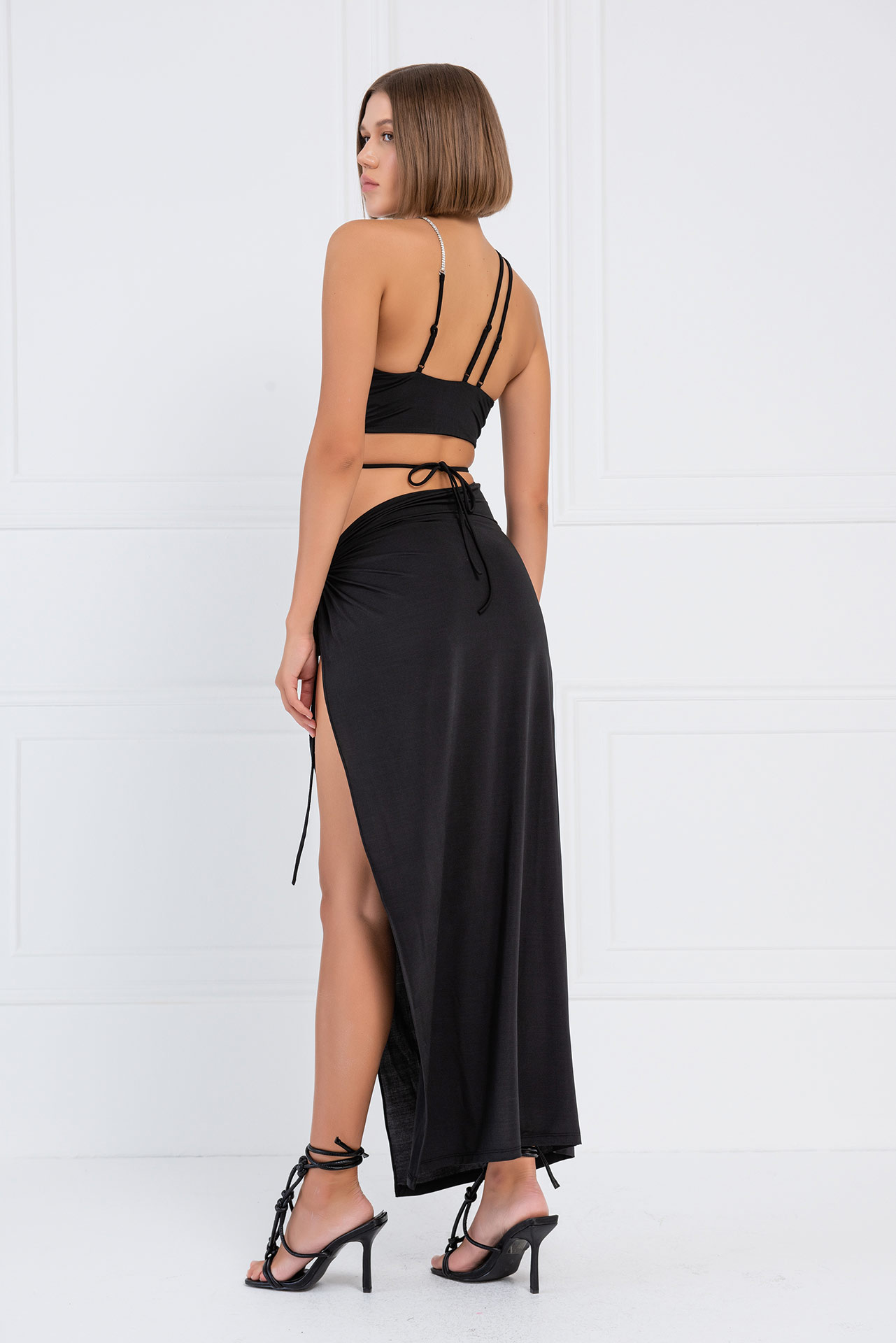 Wholesale Black Strappy Cropped Cami & Split-Leg Skirt Set