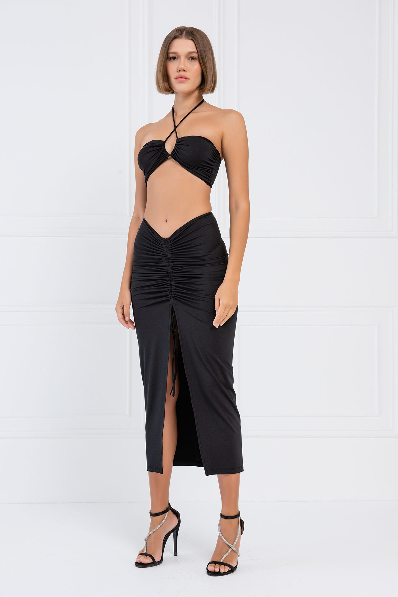 Black Ruched Bandeau & Maxi Skirt Set