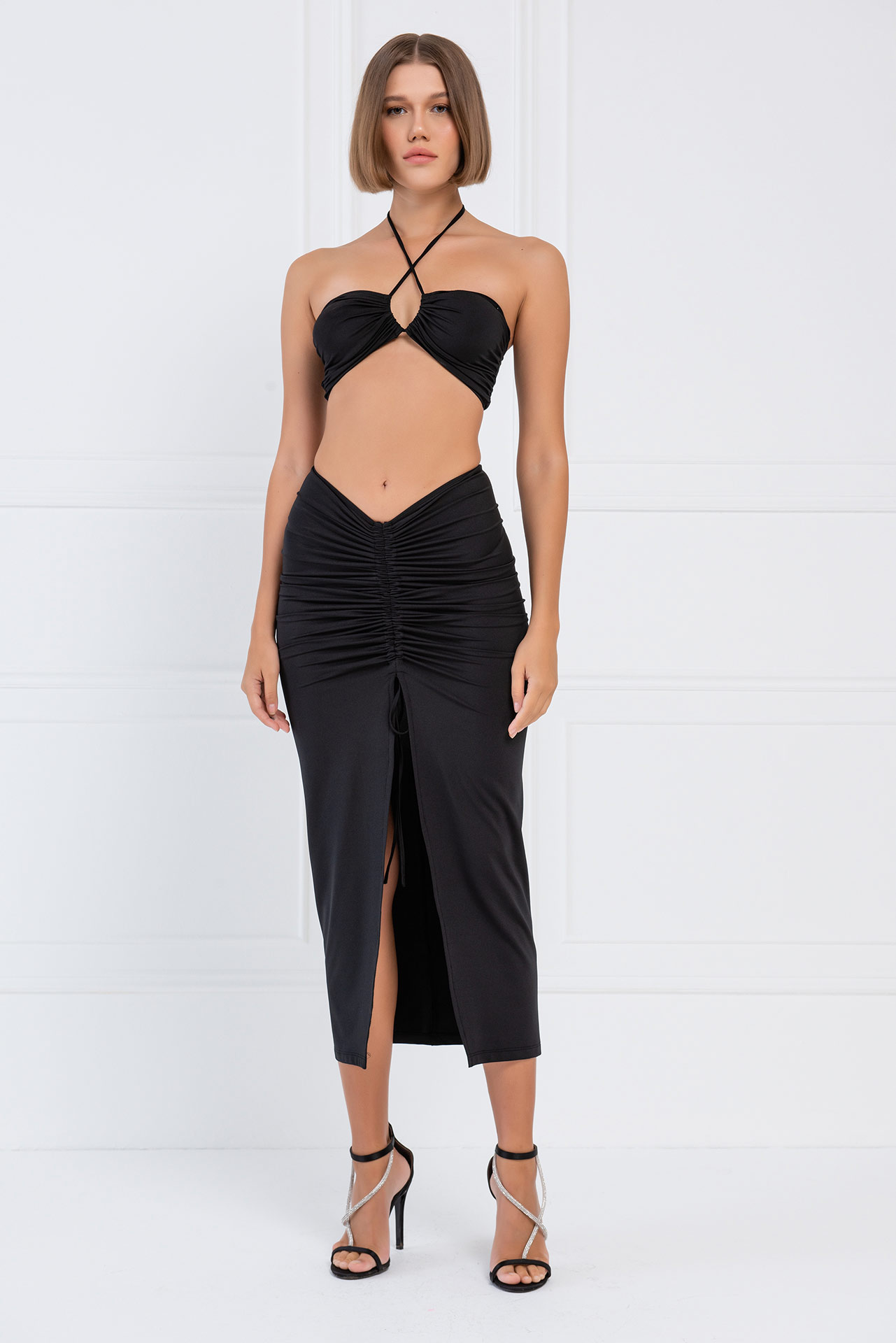 Wholesale Black Ruched Bandeau & Maxi Skirt Set