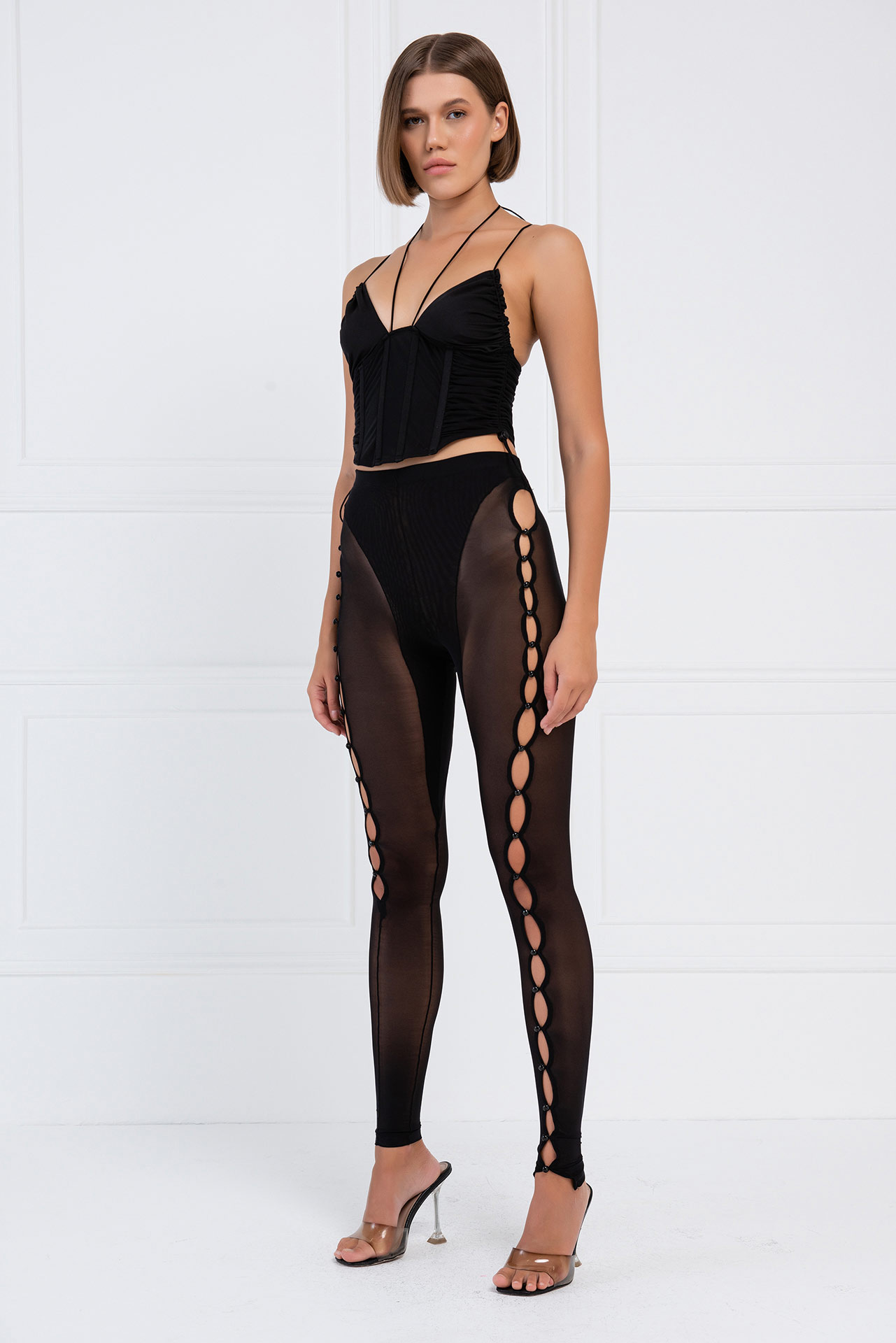 Wholesale Sheer Black Buttoned Cut Out Pants