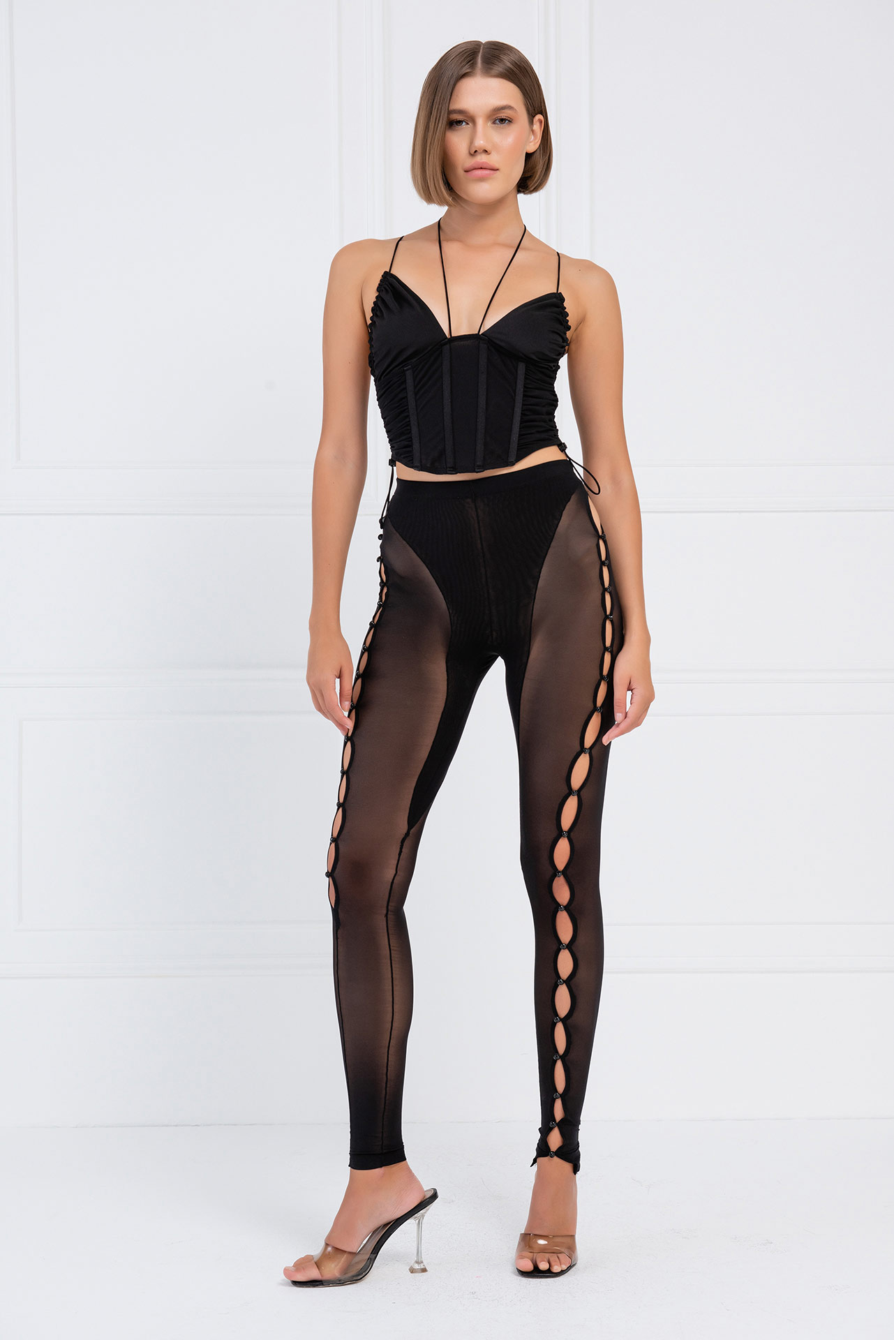 Wholesale Sheer Black Buttoned Cut Out Pants