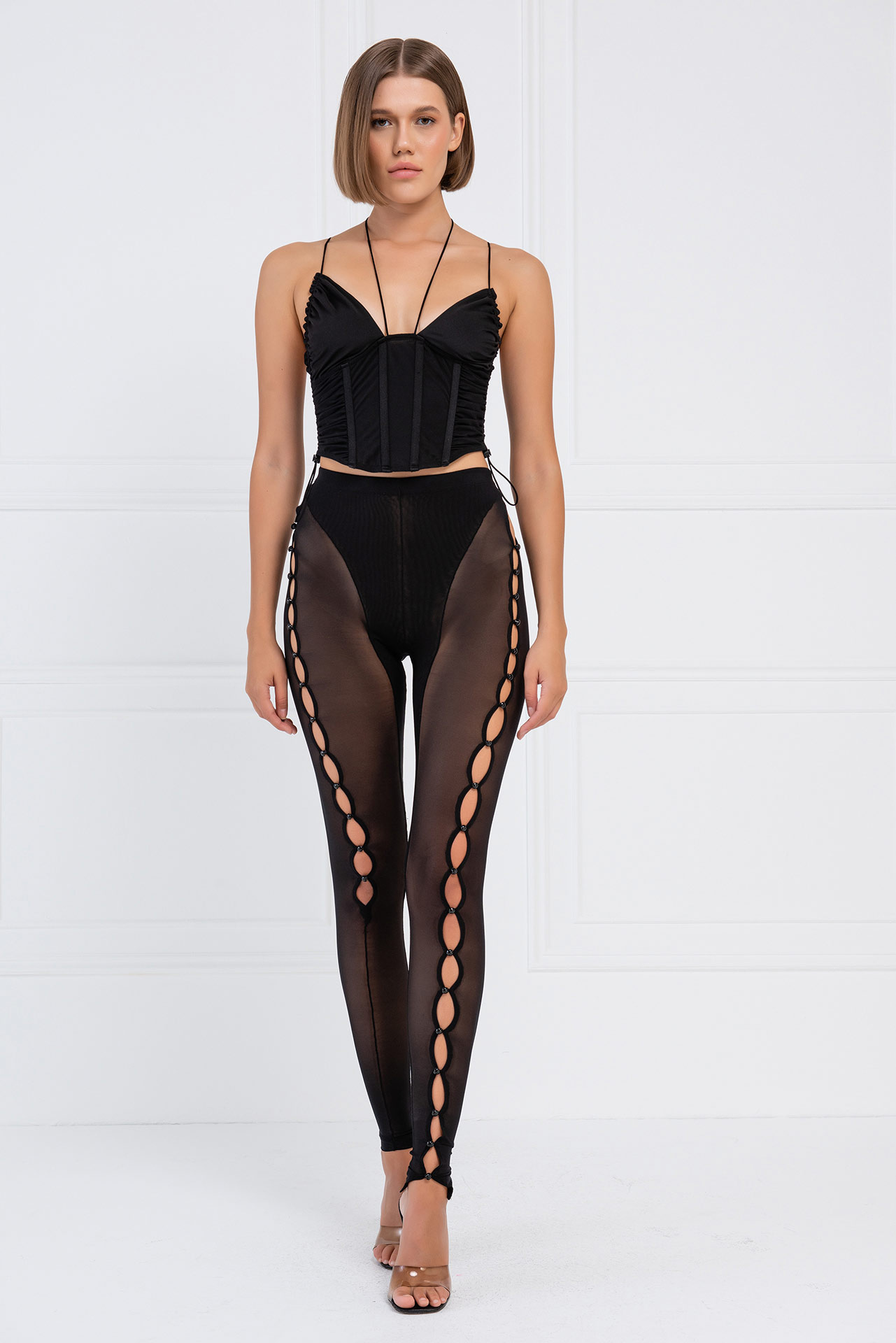 Wholesale Sheer Black Buttoned Cut Out Pants