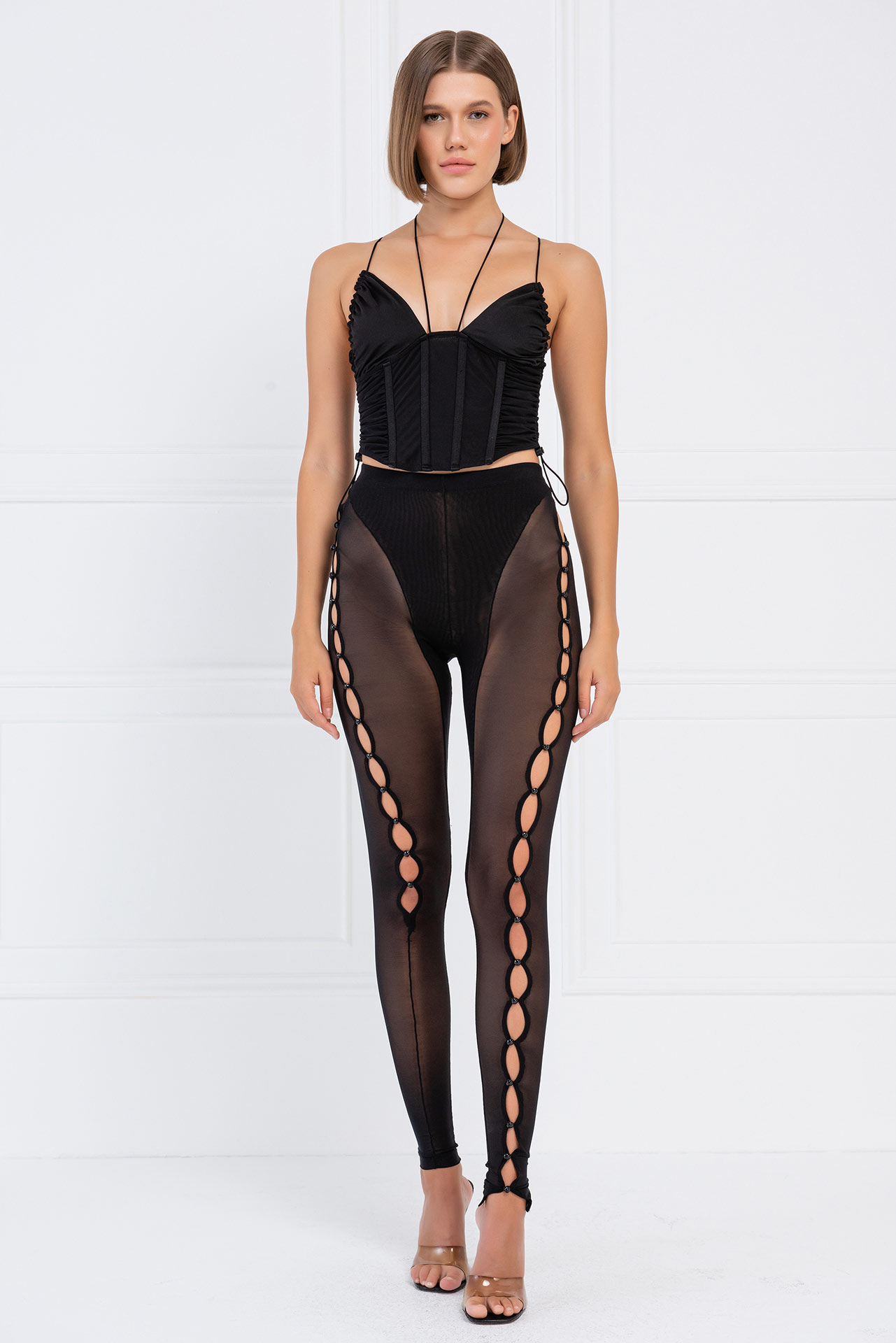 Wholesale Sheer Black Buttoned Cut Out Pants