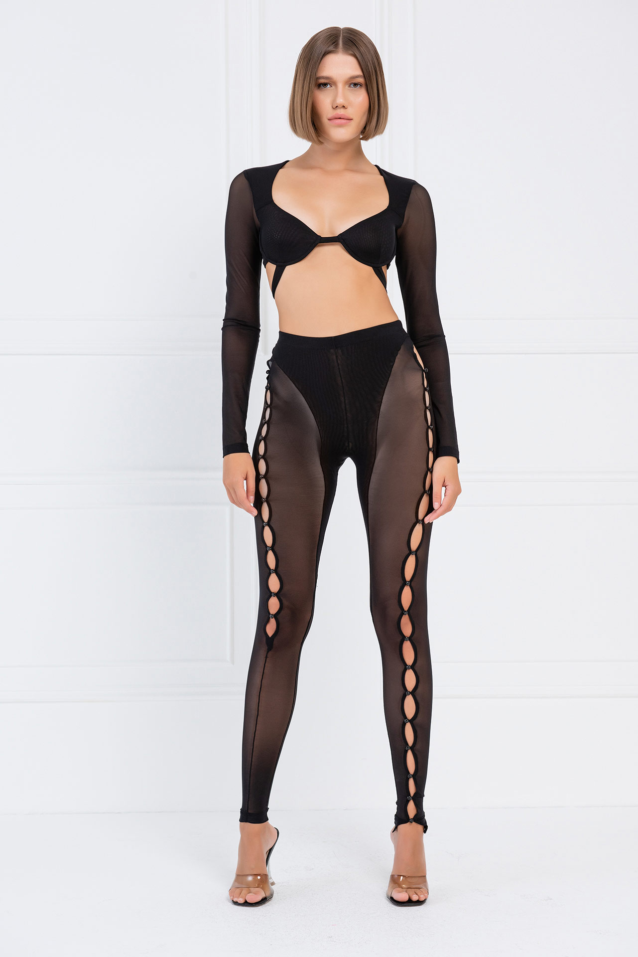 Wholesale Sheer Black Buttoned Cut Out Pants